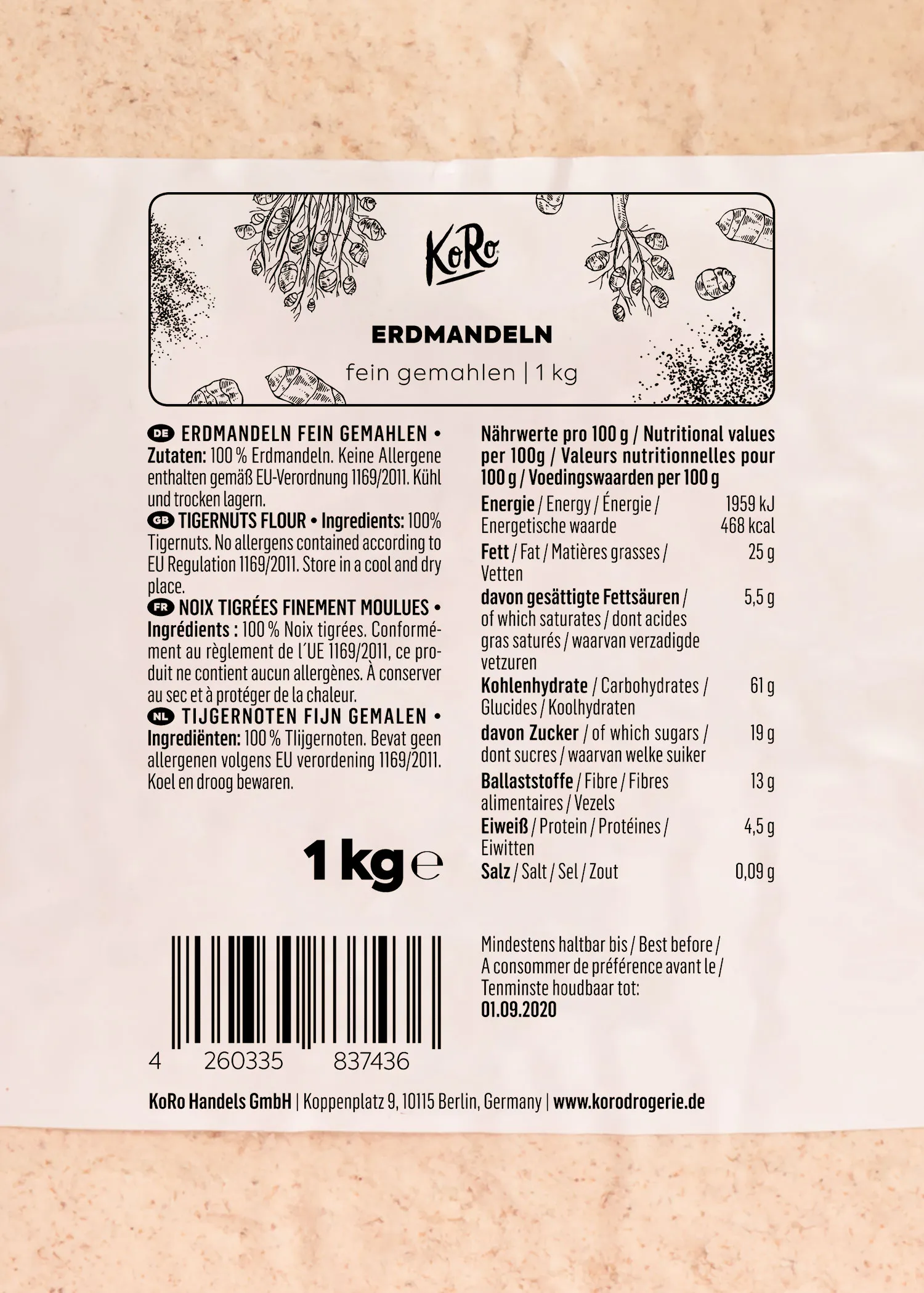 l' arrière de l' emballage d' un kg de farine d' erdmandeln