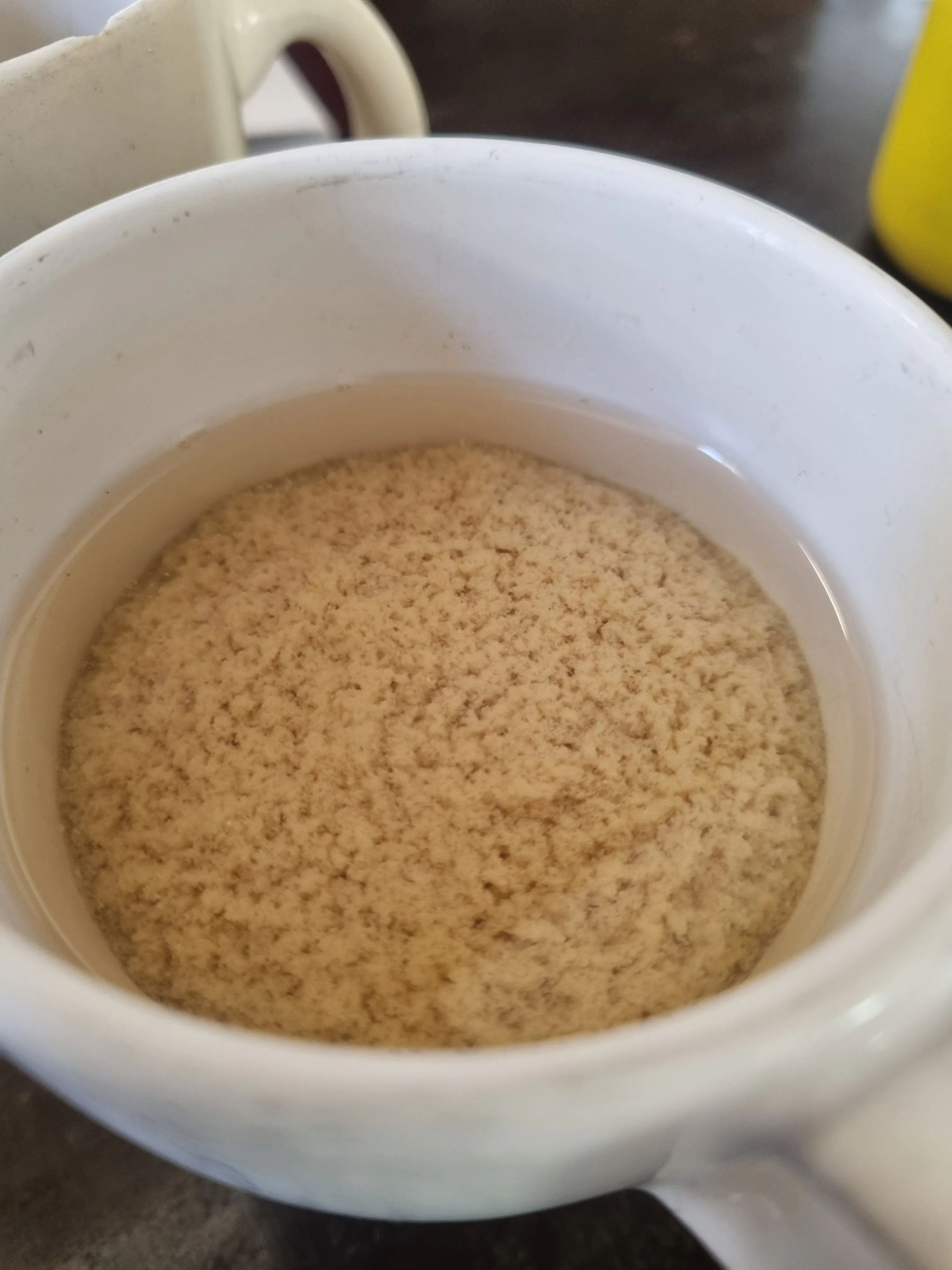 une tasse blanche remplie d'un liquide clair avec une substance granuleuse beige flottant à la surface.