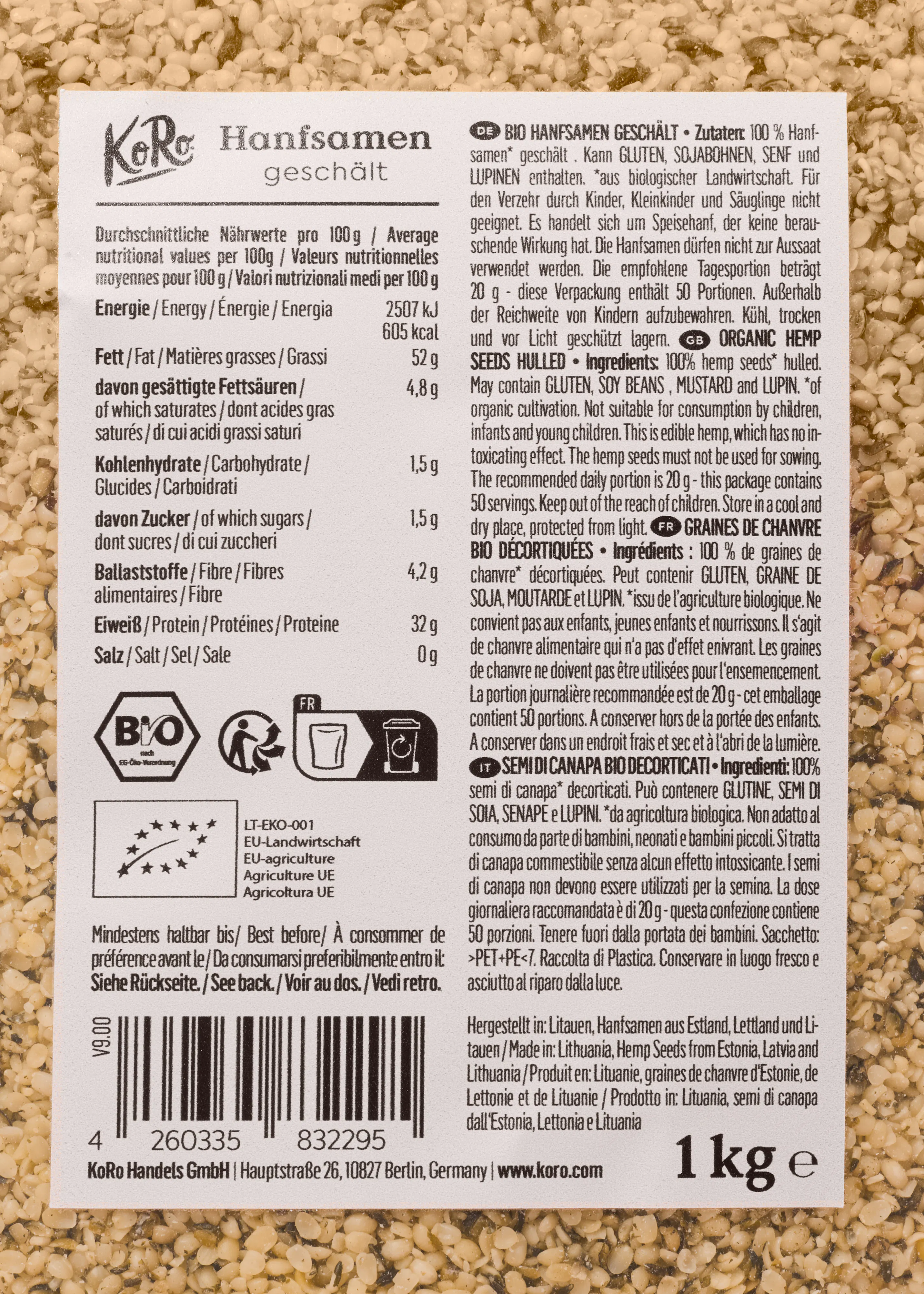 l' arrière de l' emballage d' un kilogramme de graines de chanvre bio