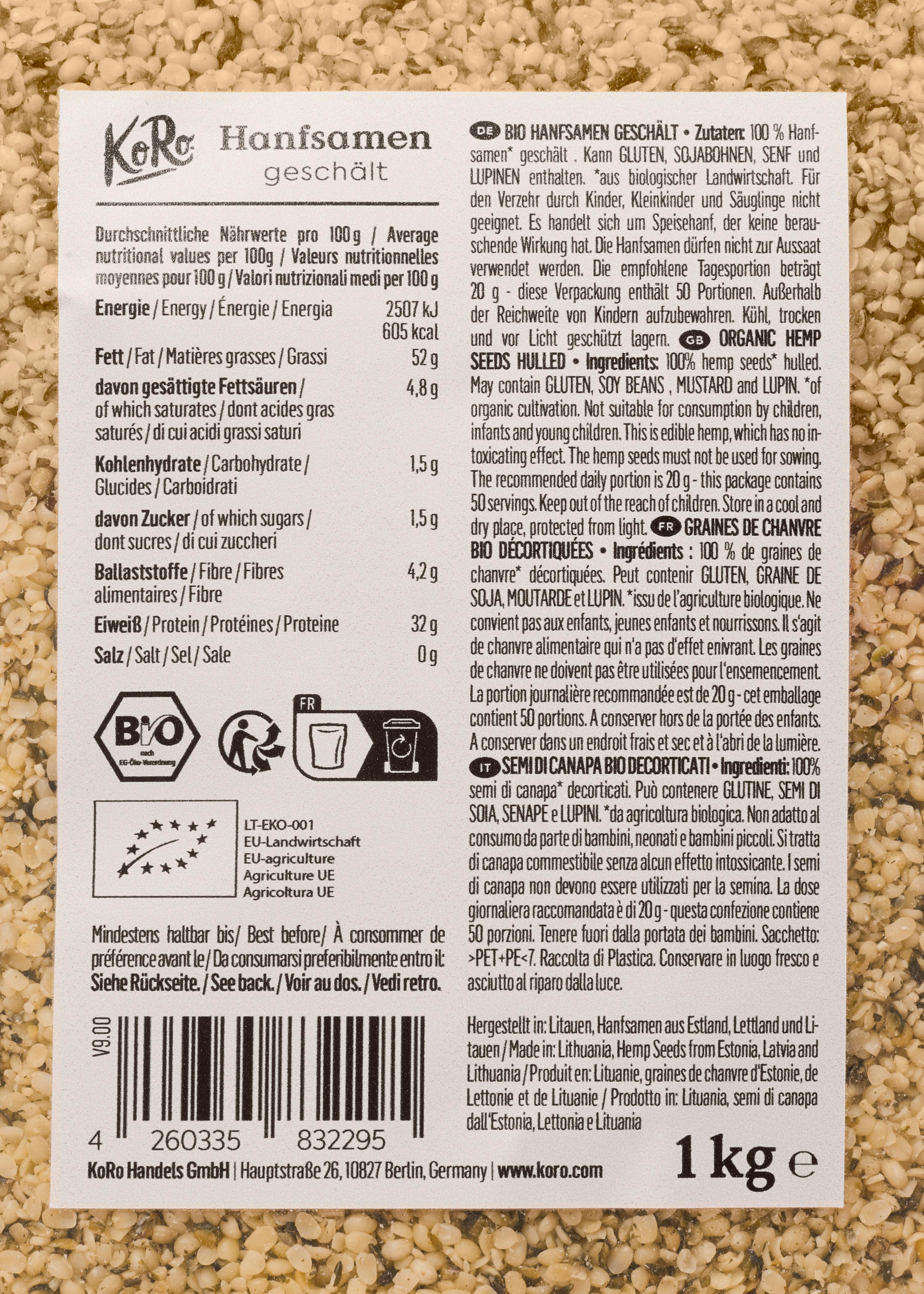 die Rückseite einer 1kg-Box mit einem Etikett