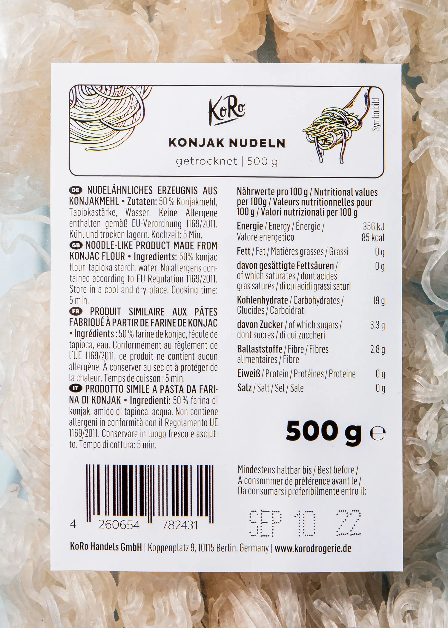 die Rückseite eines 500-g-Beutels Konjak Nudeln