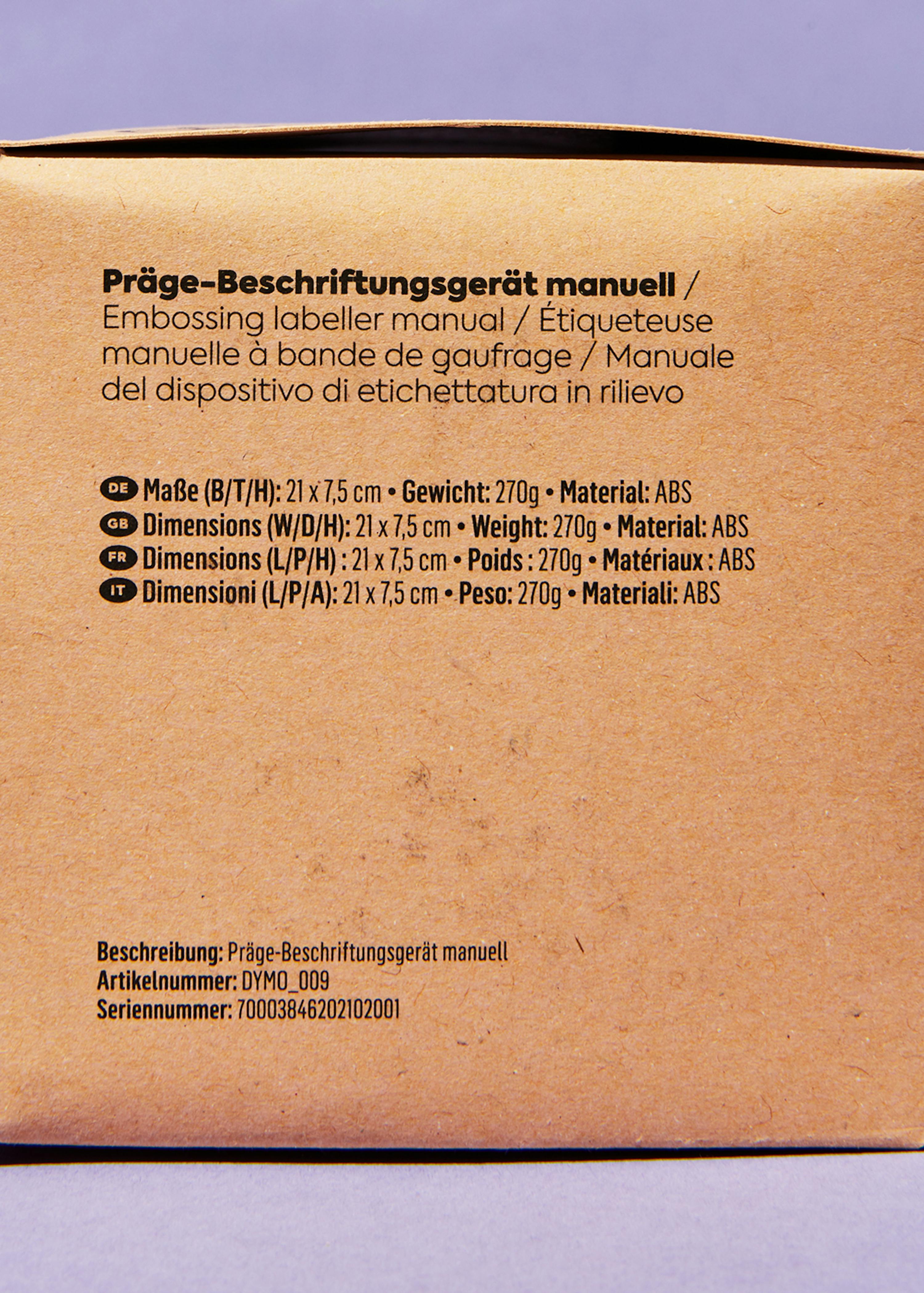 the back of a brown cardboard box with embossing labeller manual on it