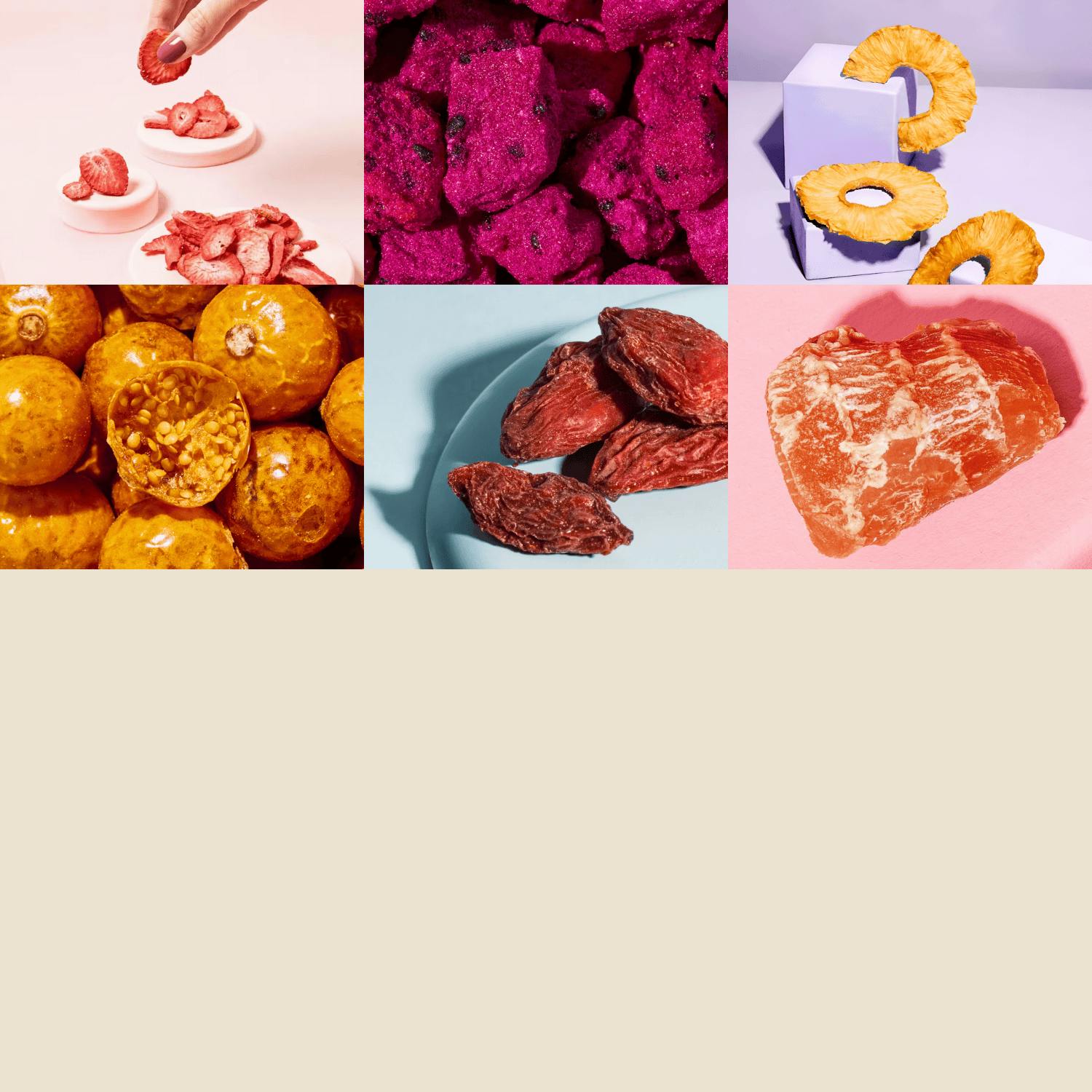 un collage di immagini di frutta e verdura su sfondo rosa