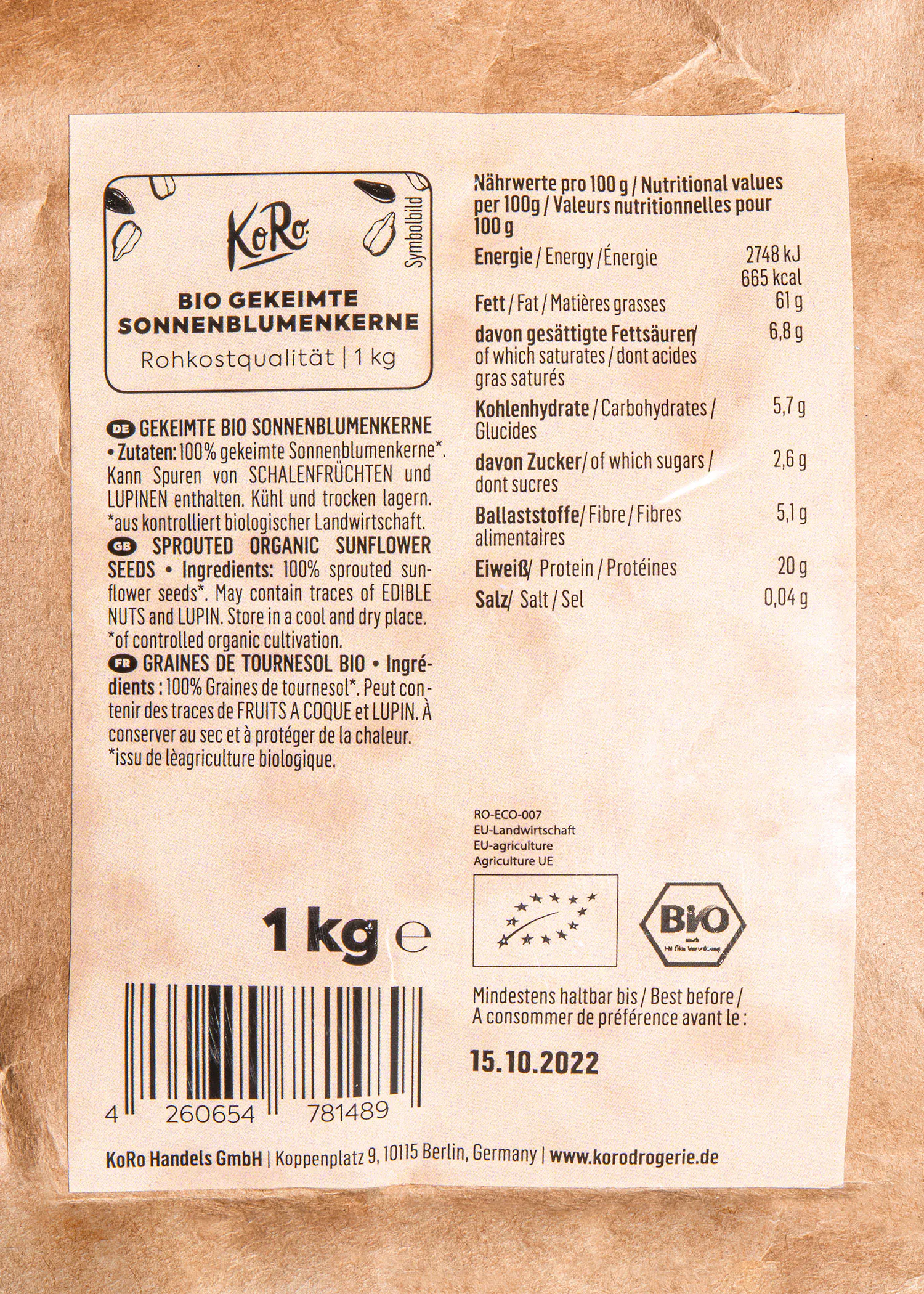 l' étiquette d' un sac de 1 kg de graines de tournesol bio