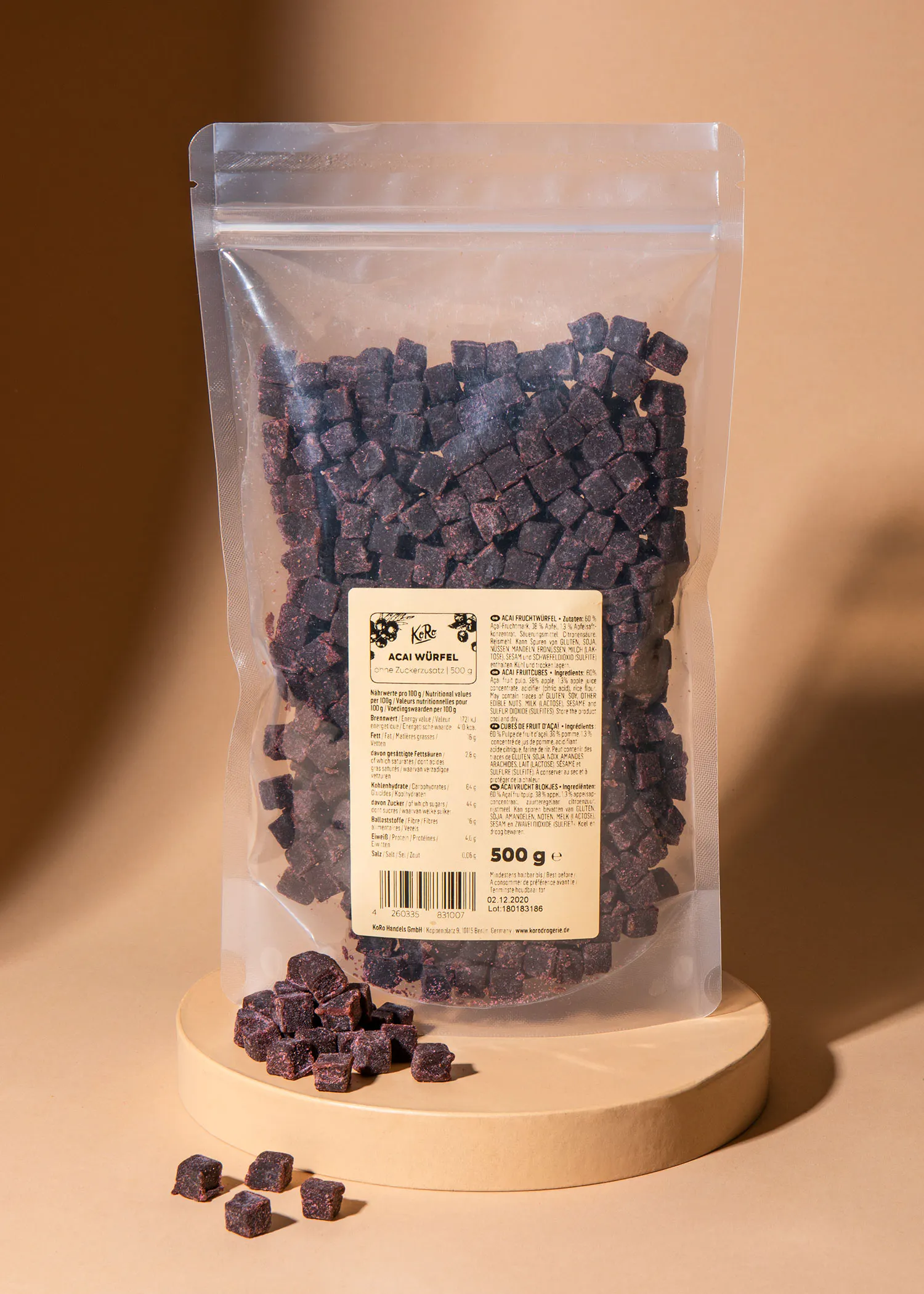 a bag of acai würfel sitting on a table