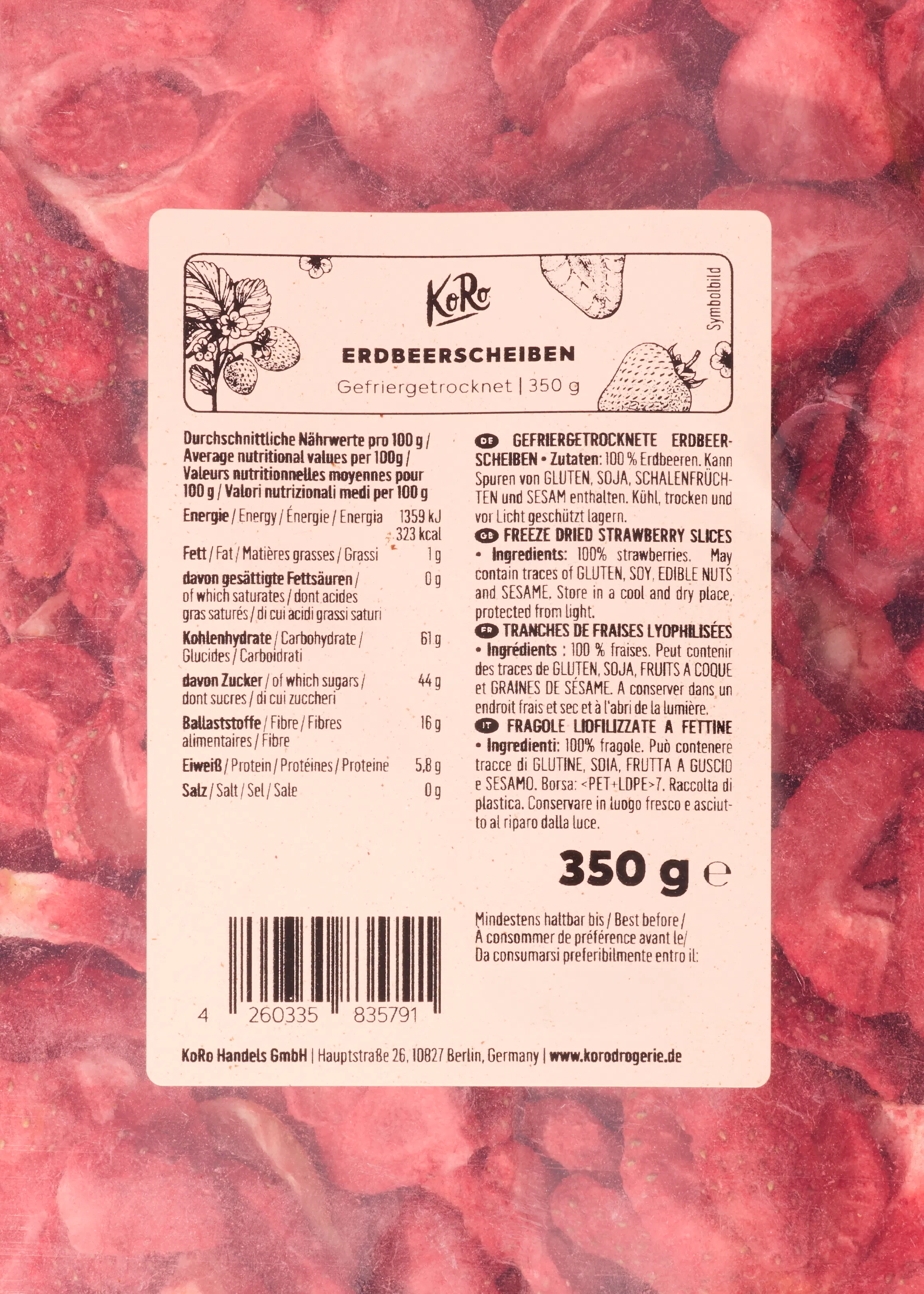 the back of a package of freeze dried strawberry slices says 350 g