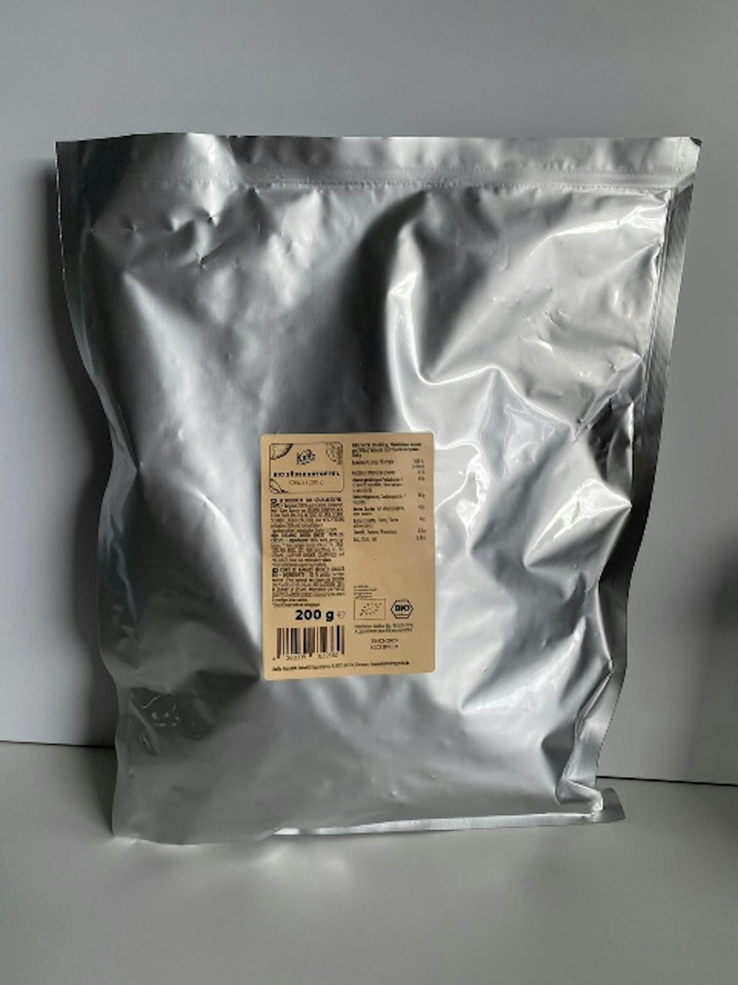 a bag of food with a nutrition facts label