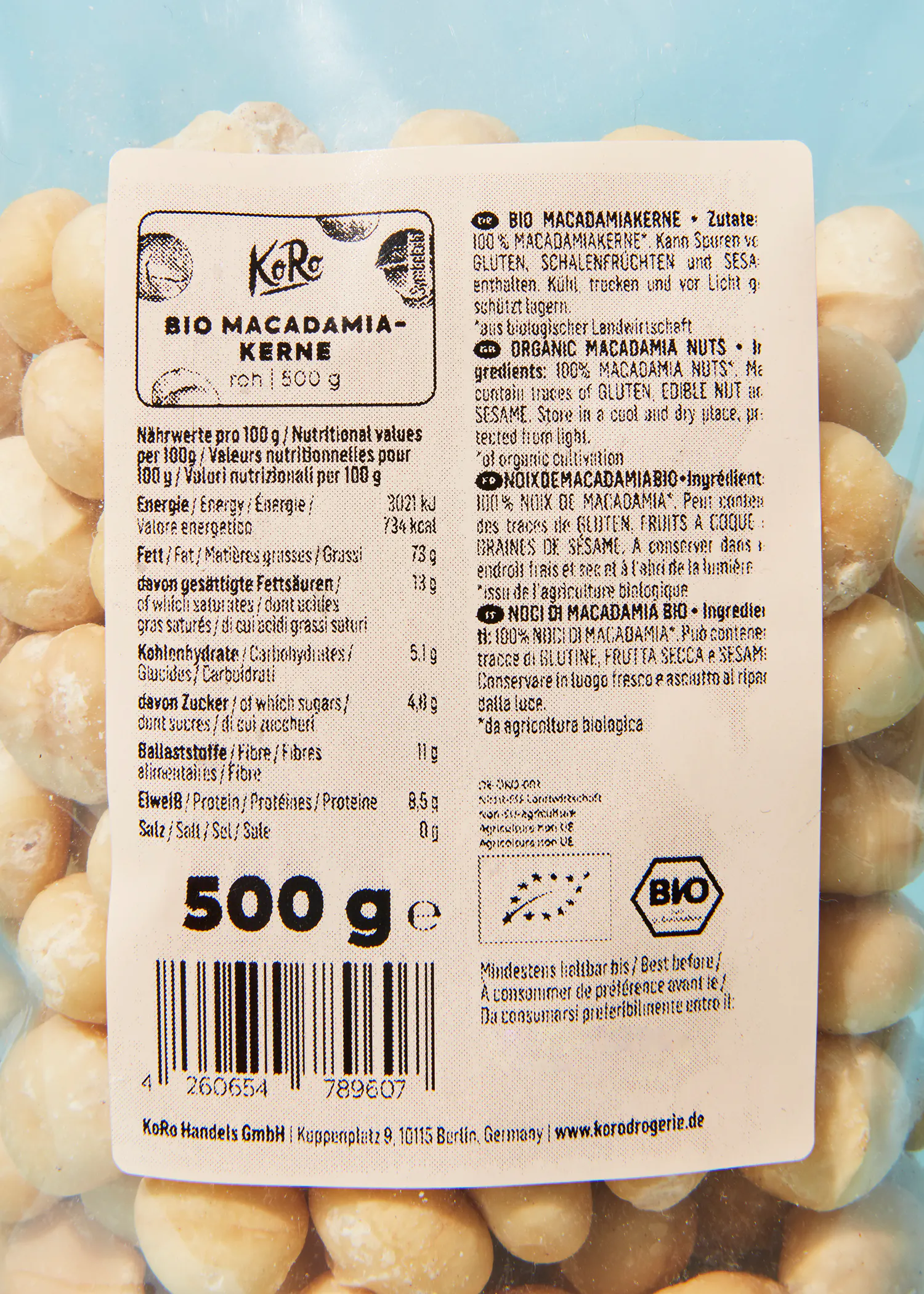 l' étiquette d' un sac de noix de macadamia bio 500 g