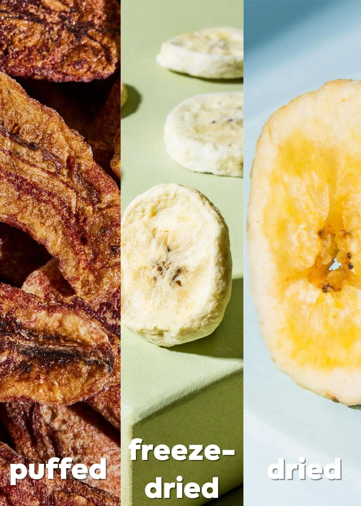 puffed freeze dried and dried bananas are shown