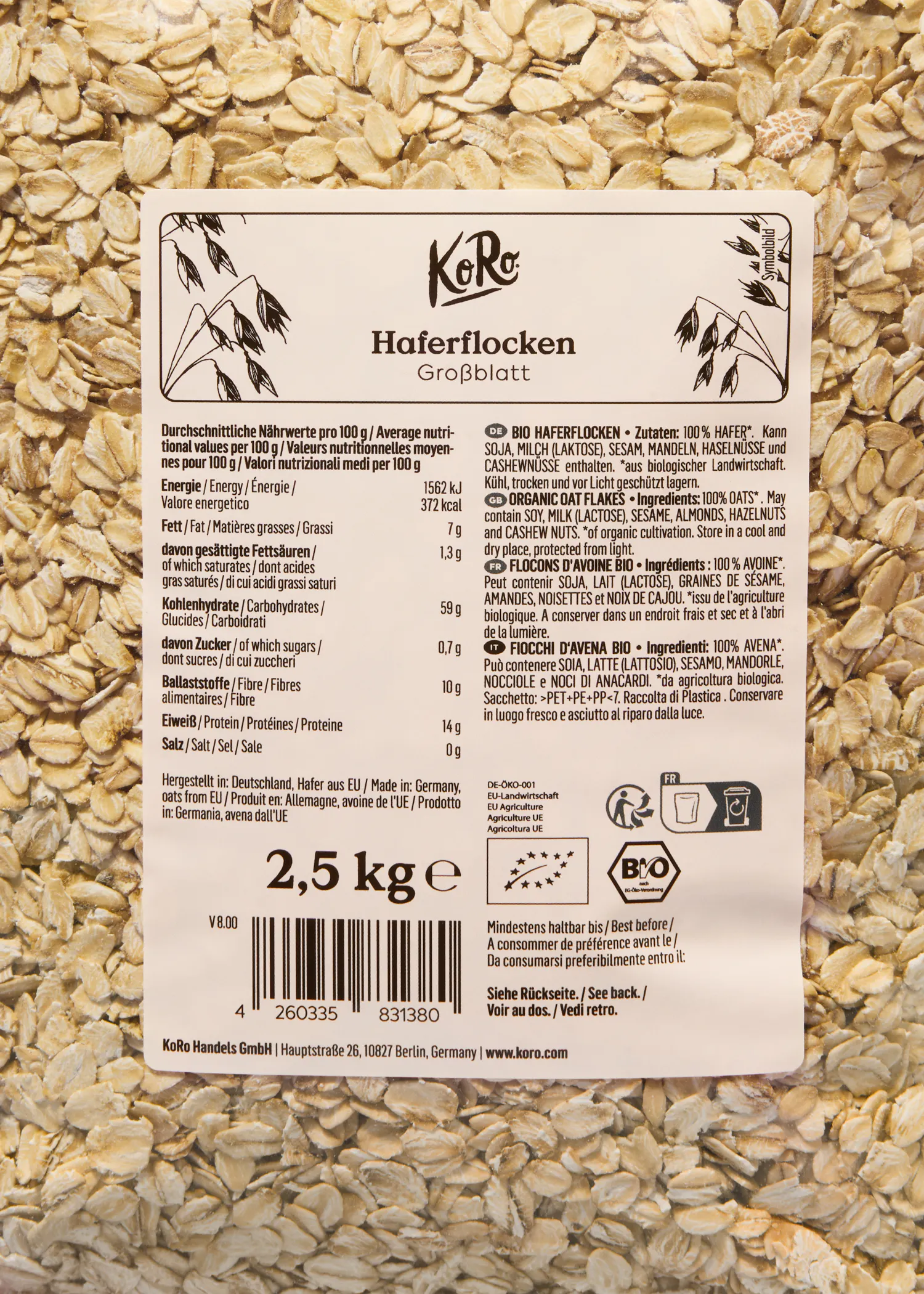 l' arrière d' une boîte d' avoine de 2,5 kg