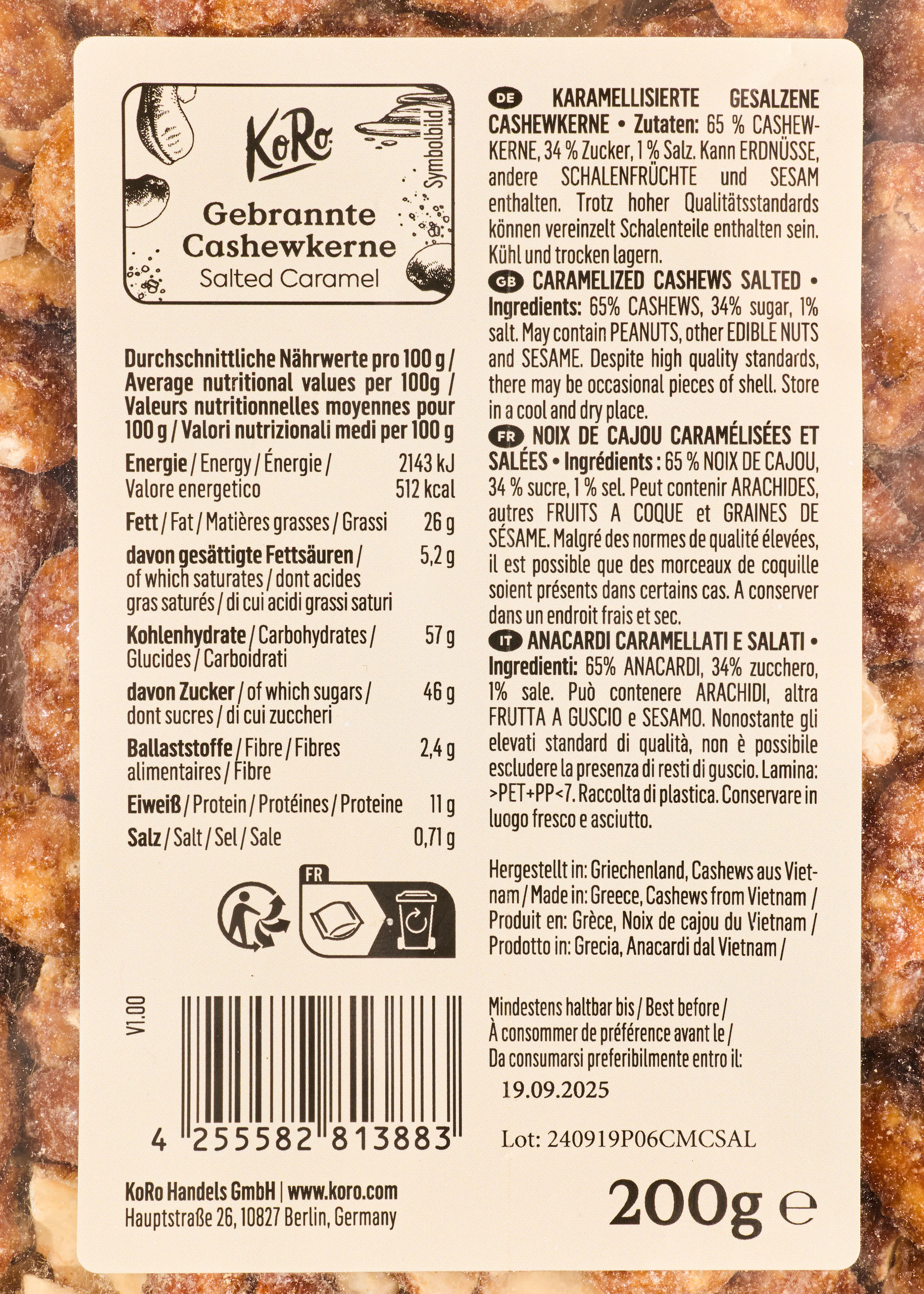 l' arrière de l' emballage d' un paquet de noix de cajou salées