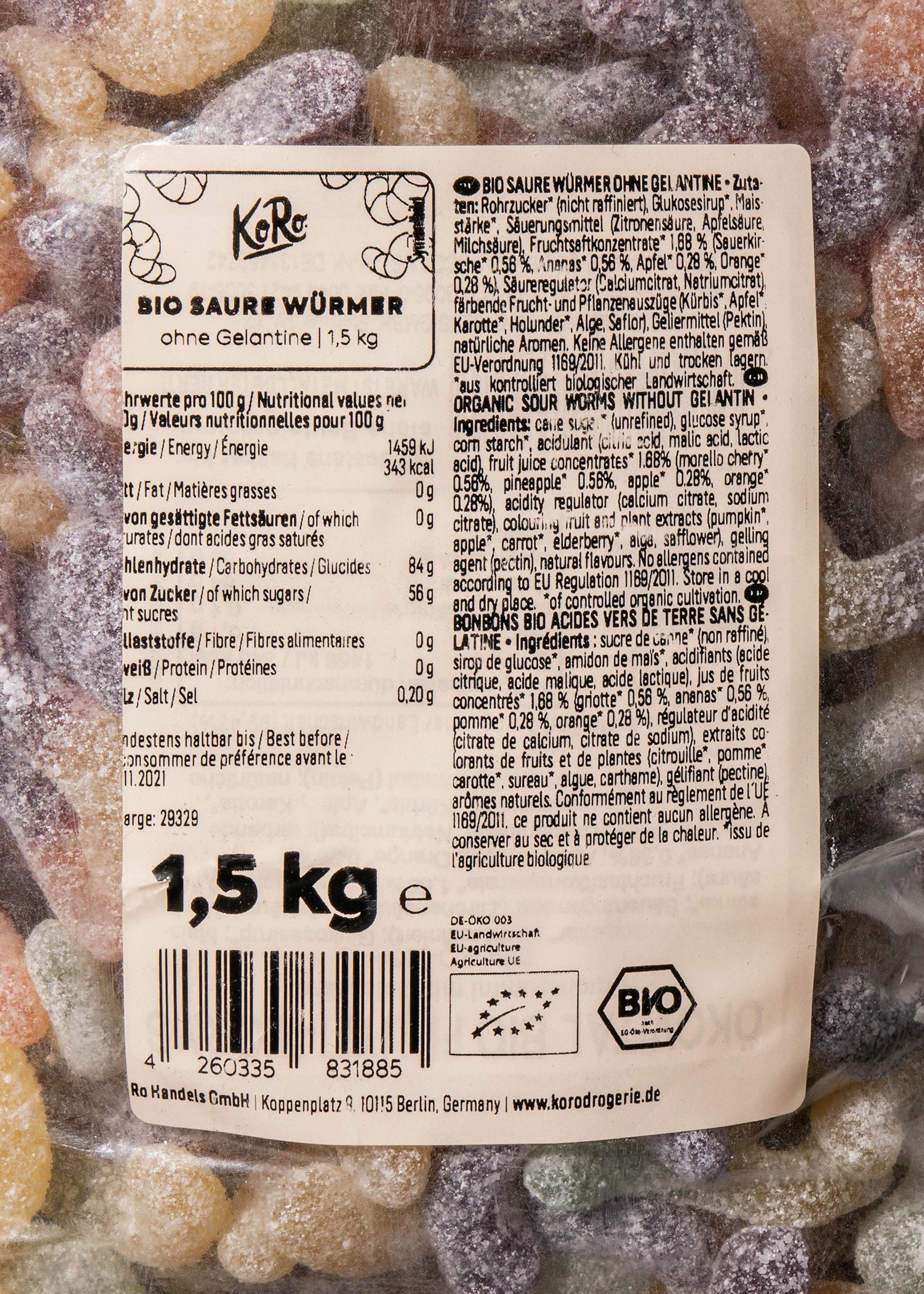 Bonbons bio acides vers de terre sans gélatine, 1,5 kg