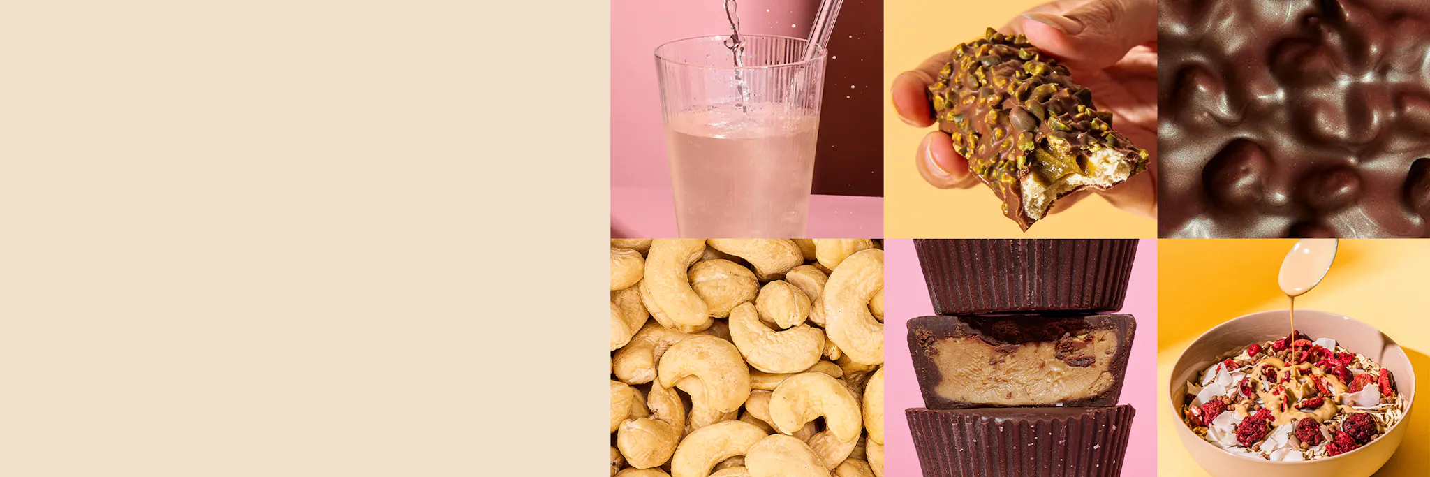 a collage of different types of food including cashews and chocolate