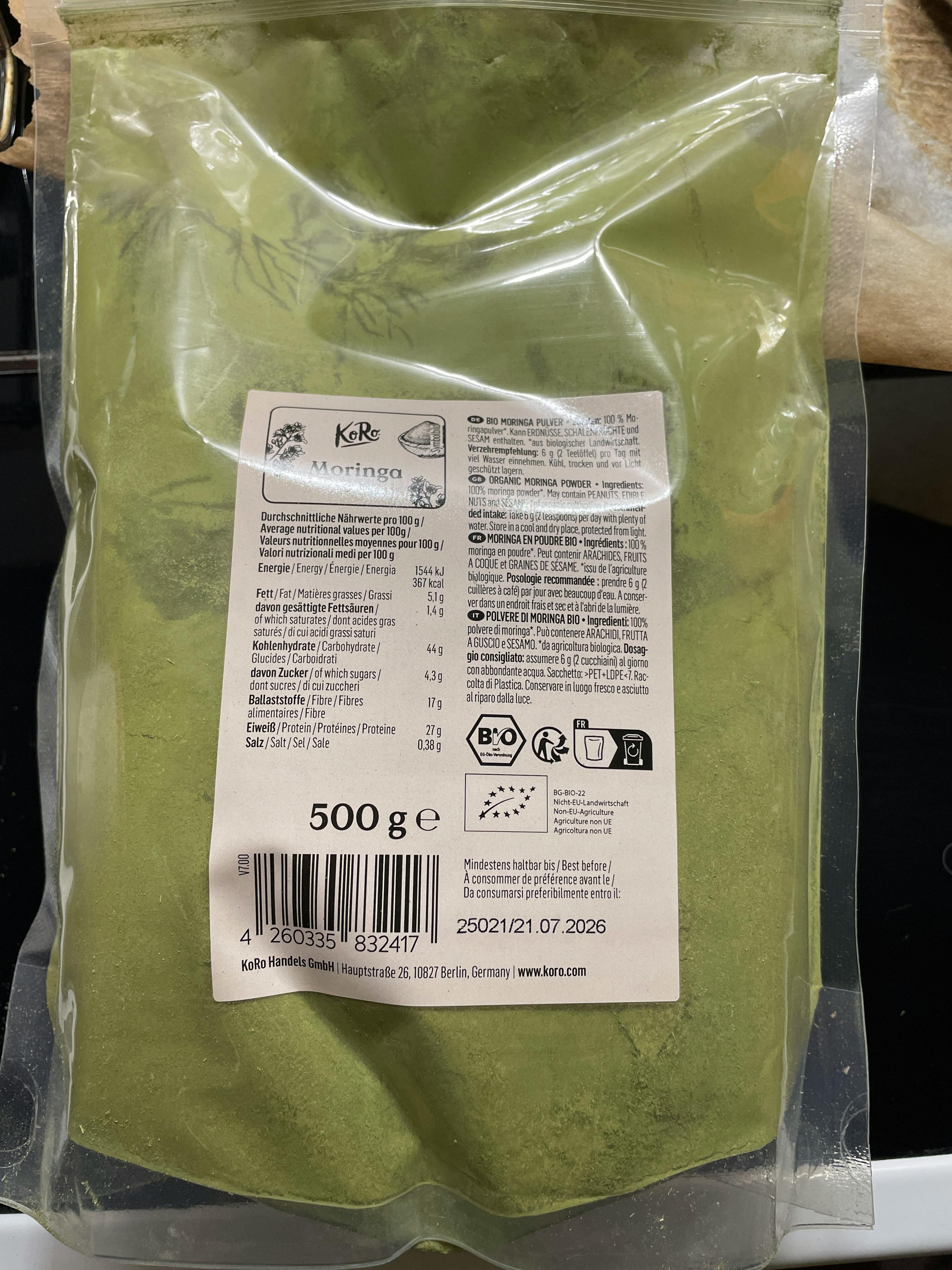 l' arrière d' un sac de 500g de poudre verte