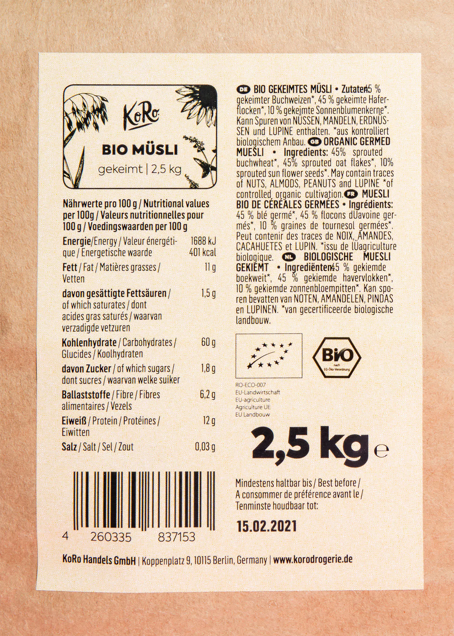 the back of a label for a product called bio muesli
