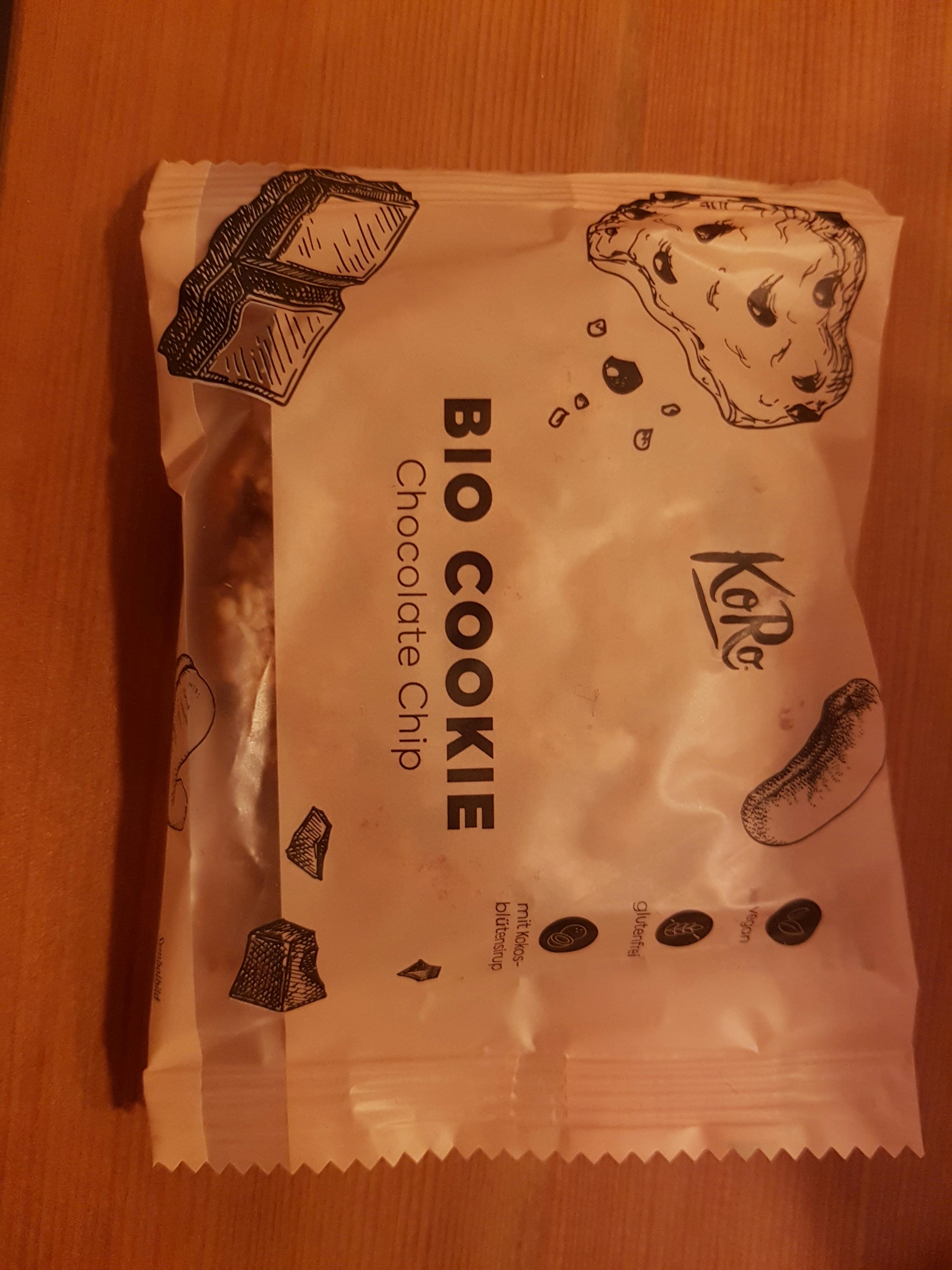 a package of bio cookie chocolate chip sitting on a wooden table
