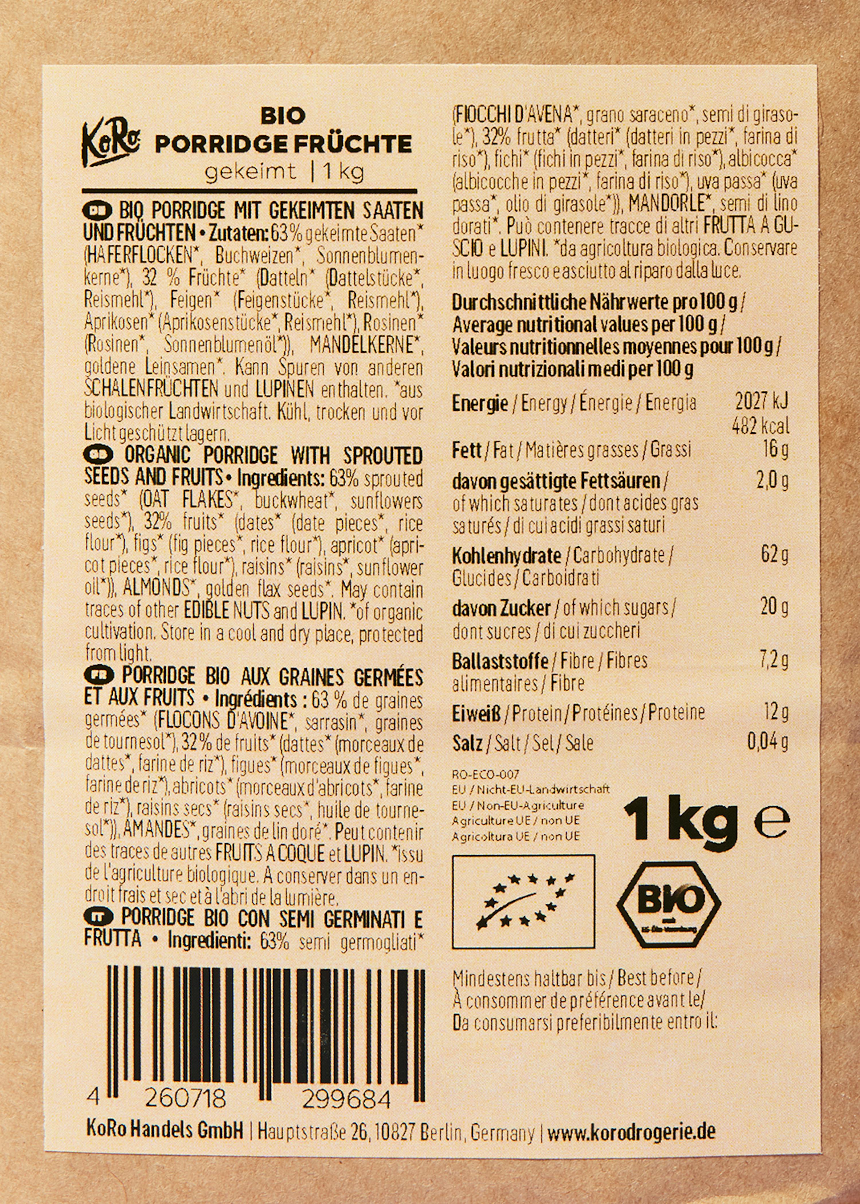 una confezione di porridge bio con semi germmati e frutta