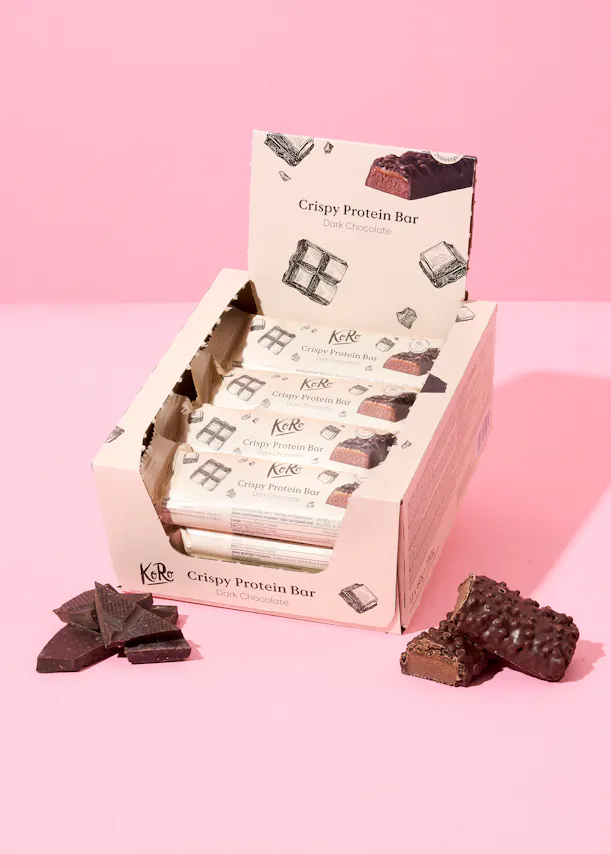a box of dark chocolate crispy protein bars
