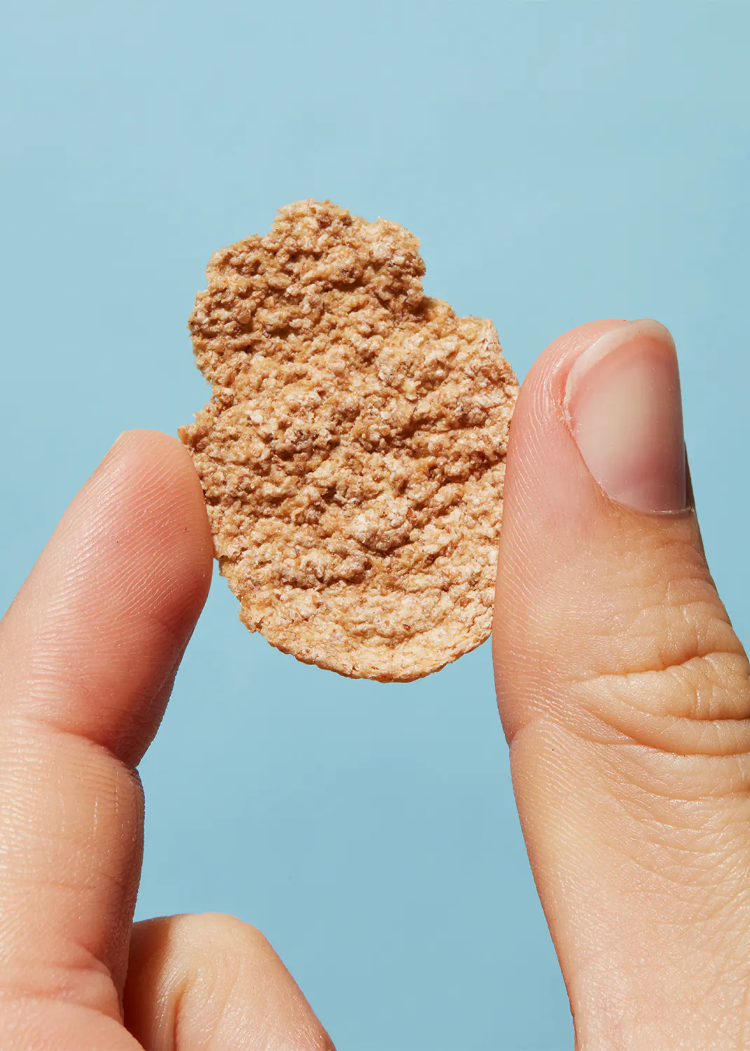 une personne tient un morceau de céréale entre ses doigts