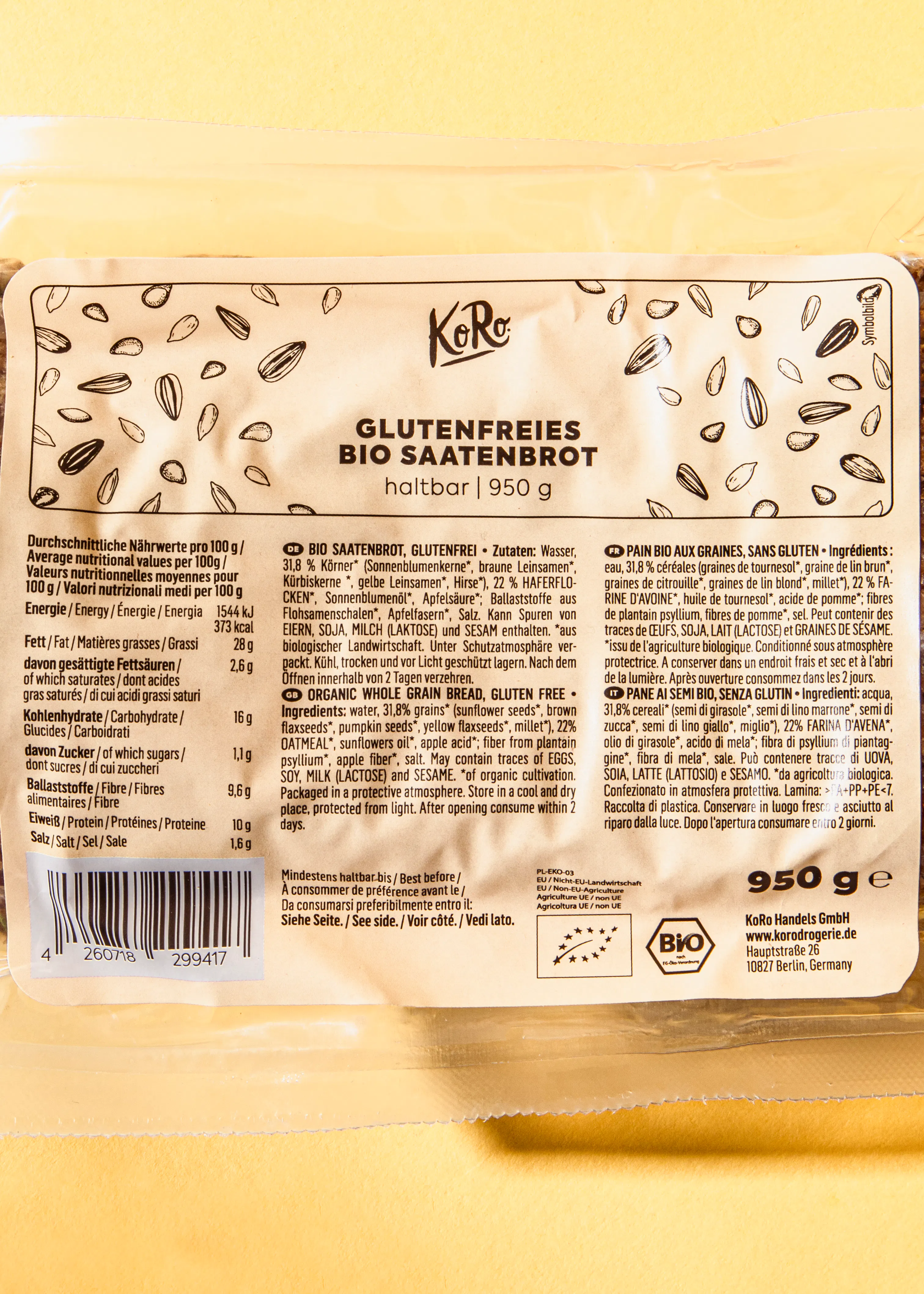 die rückseite einer verpackten glutenfreien bio saatenbrot