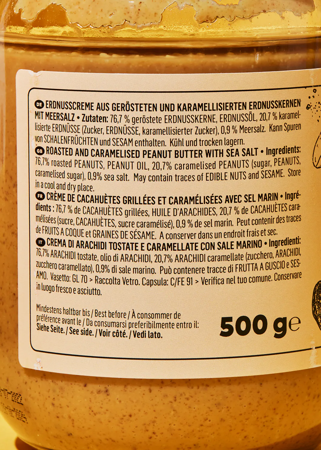 a jar of peanut butter has a 500g label on it