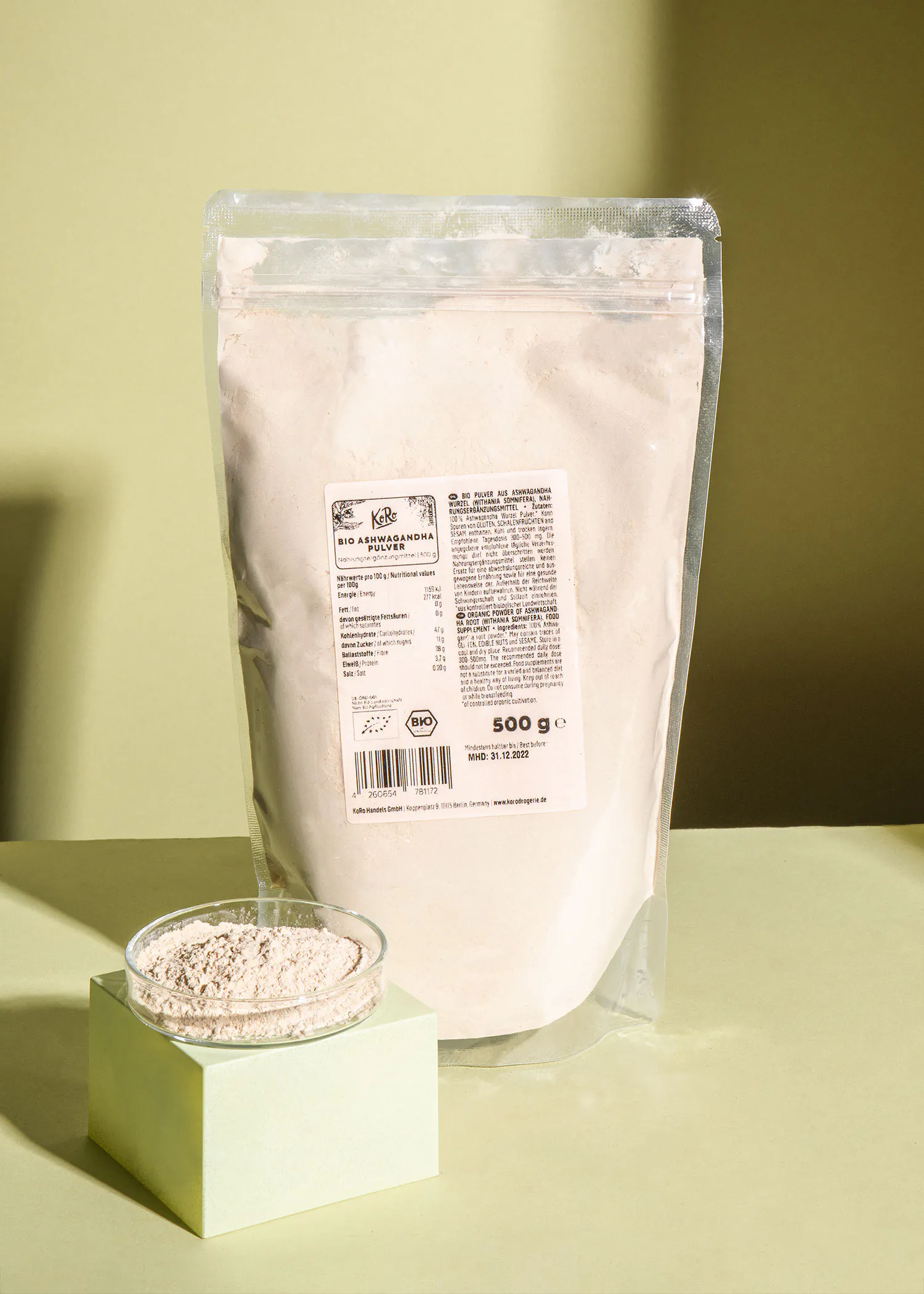 a bag of bio amaranth powder sits on a table