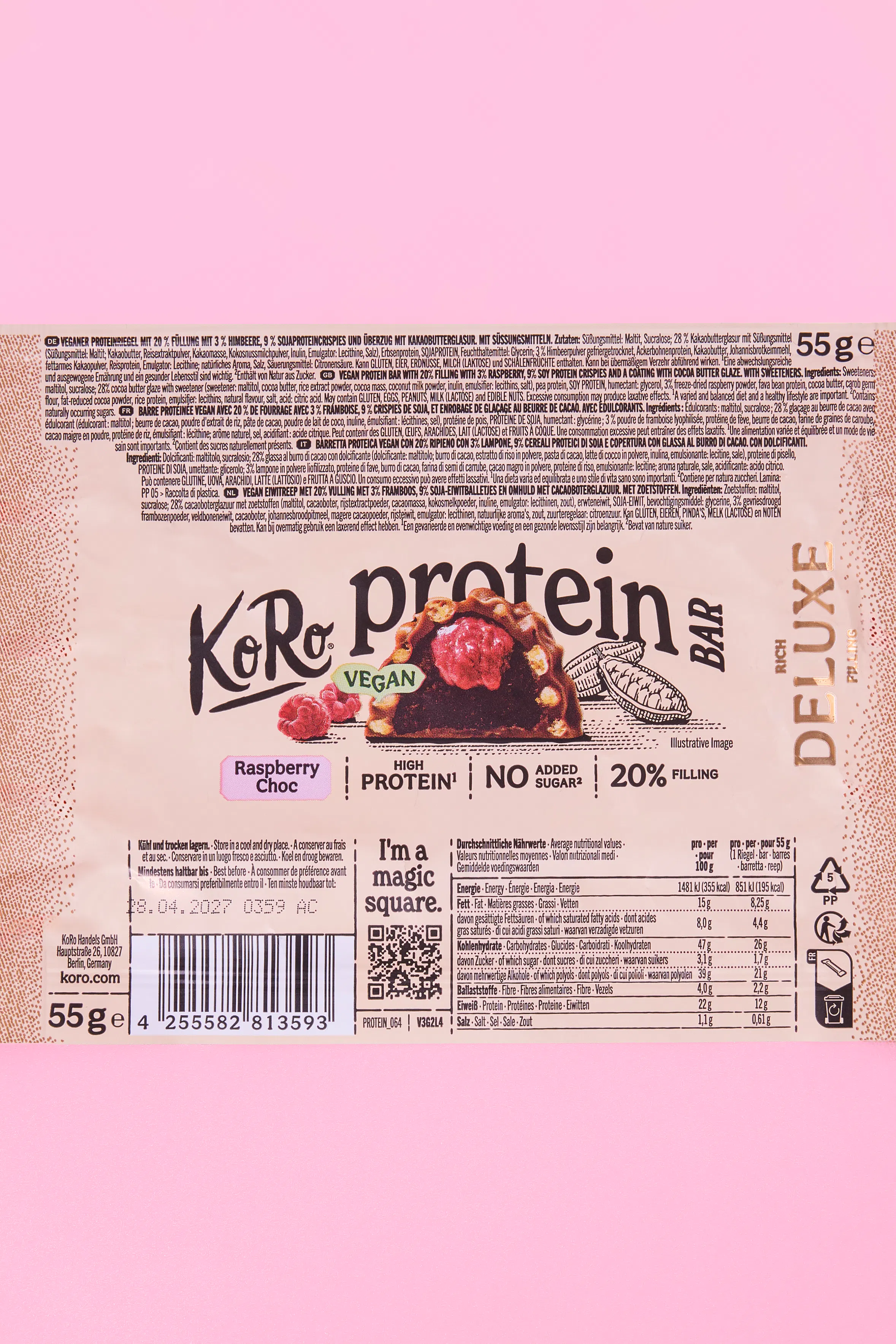 Vegaaninen Proteiinipatukka Deluxe Vadelma Choc 55 g