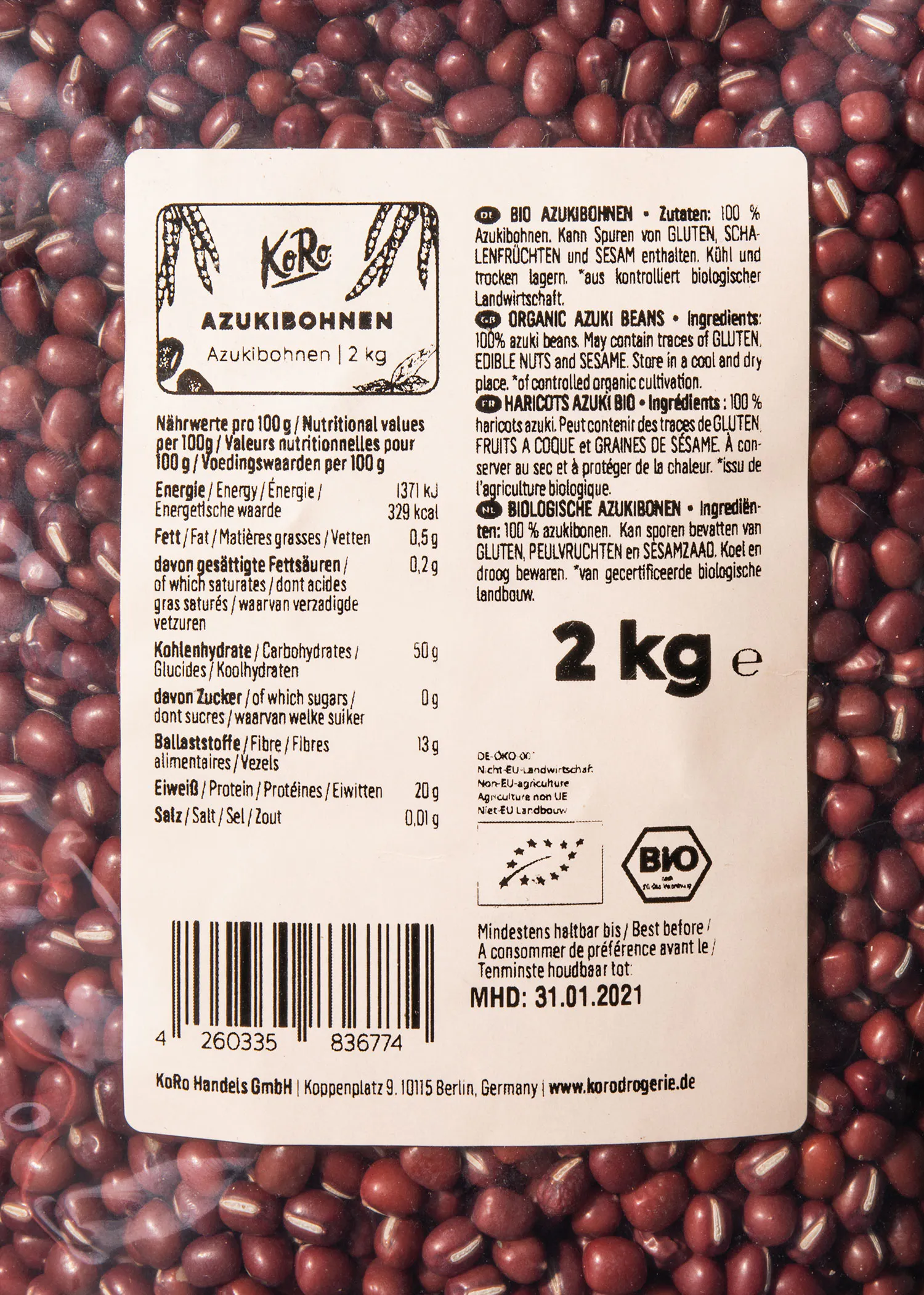 a label for a 2 kg bag of red beans