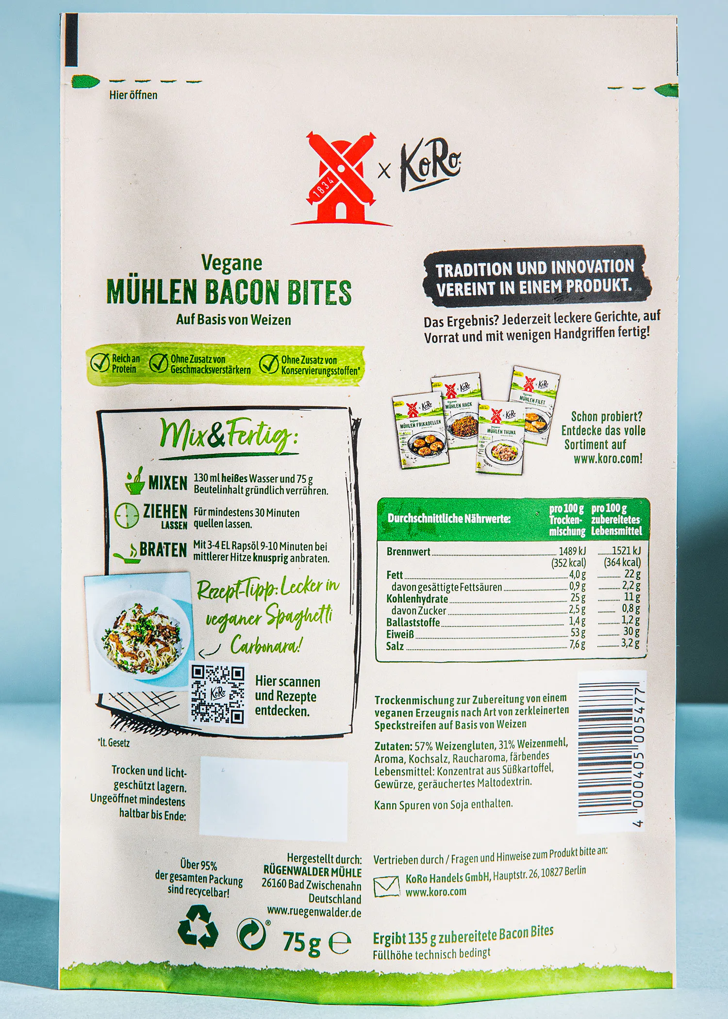 the back of a package of vegane muhlen bacon bites
