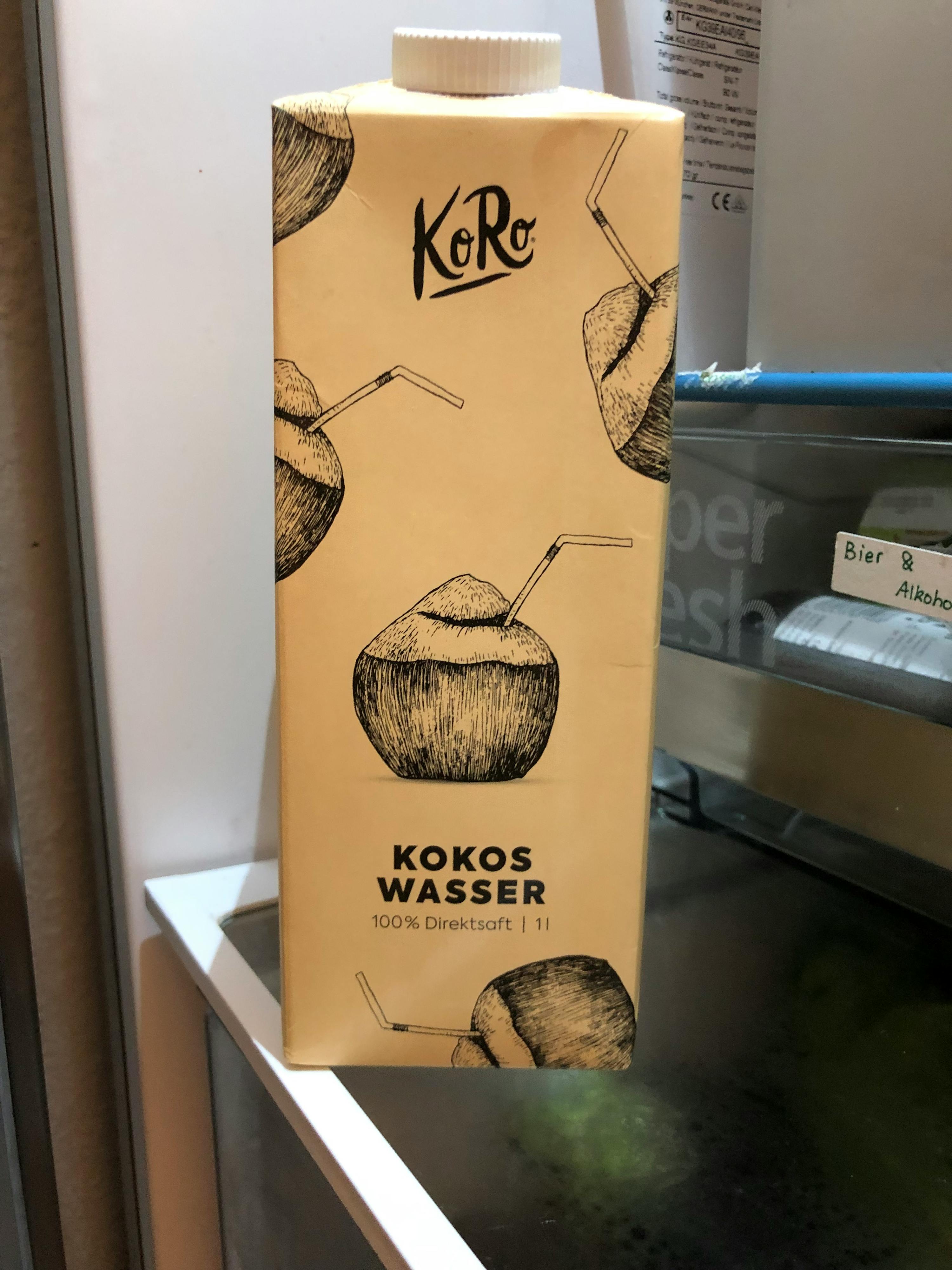 a carton of kokos wasser sits on a counter