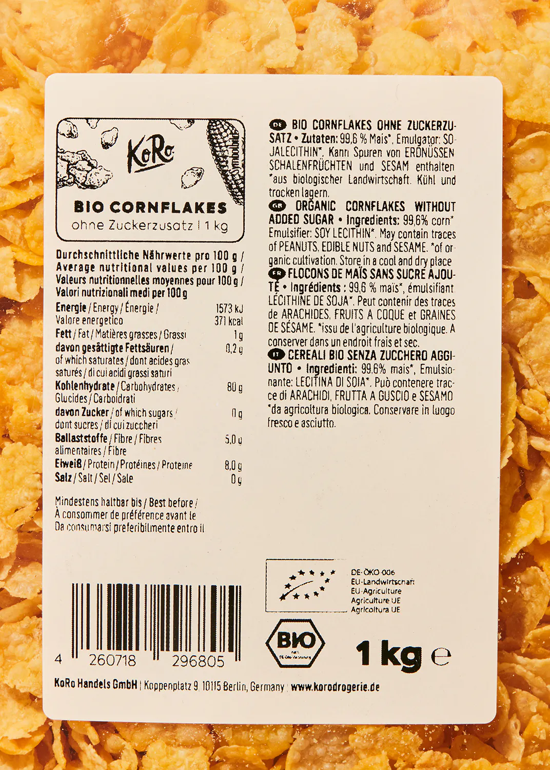 l' arrière d' un sac de flocons de maïs bio