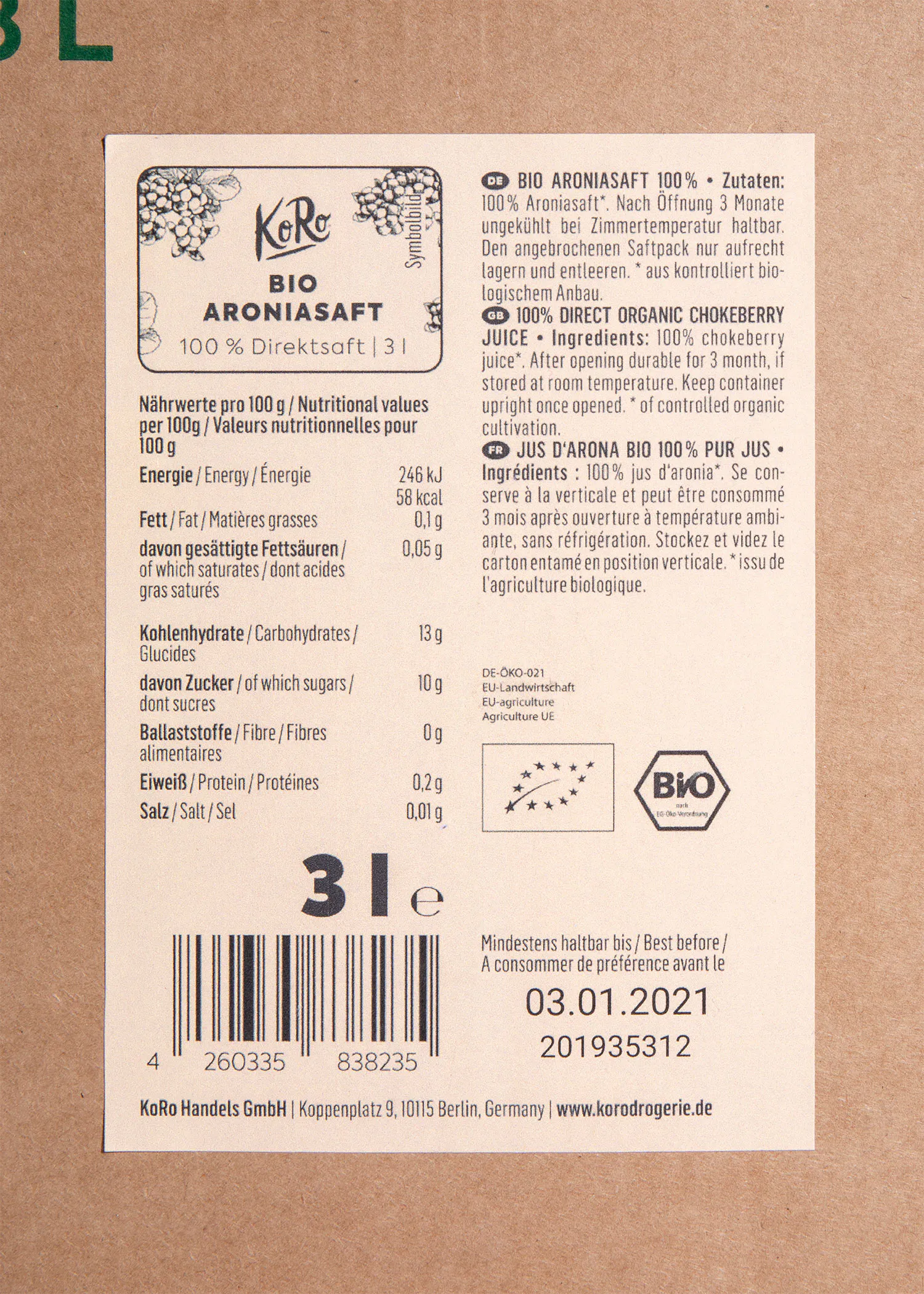 a label for a bottle of bio aroniasaft has a barcode on it