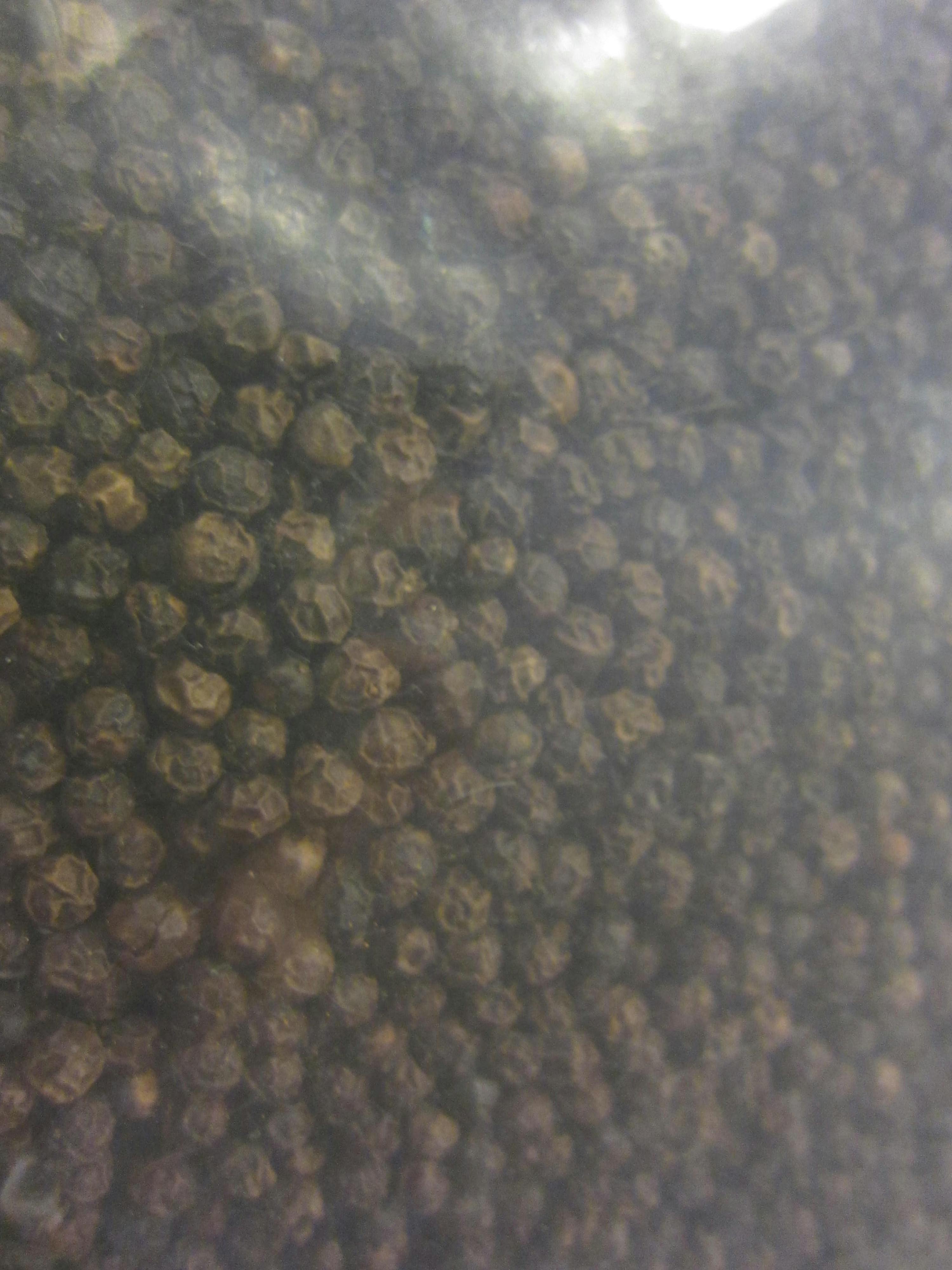 a close up of black pepper in a clear container