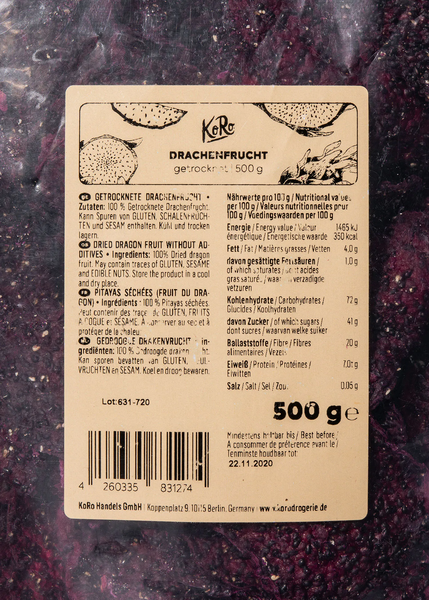 die Rückseite einer verpackten 500g-Drachenfrucht