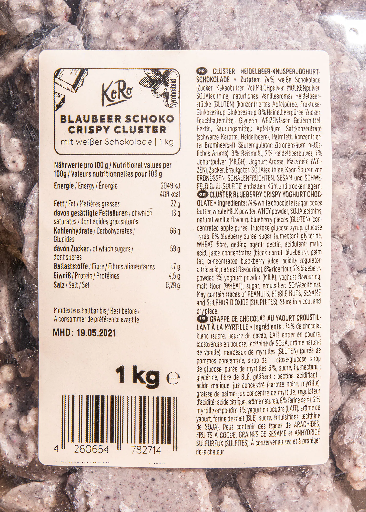 die Rückseite einer Packung mit einem Gewicht von 1 kg