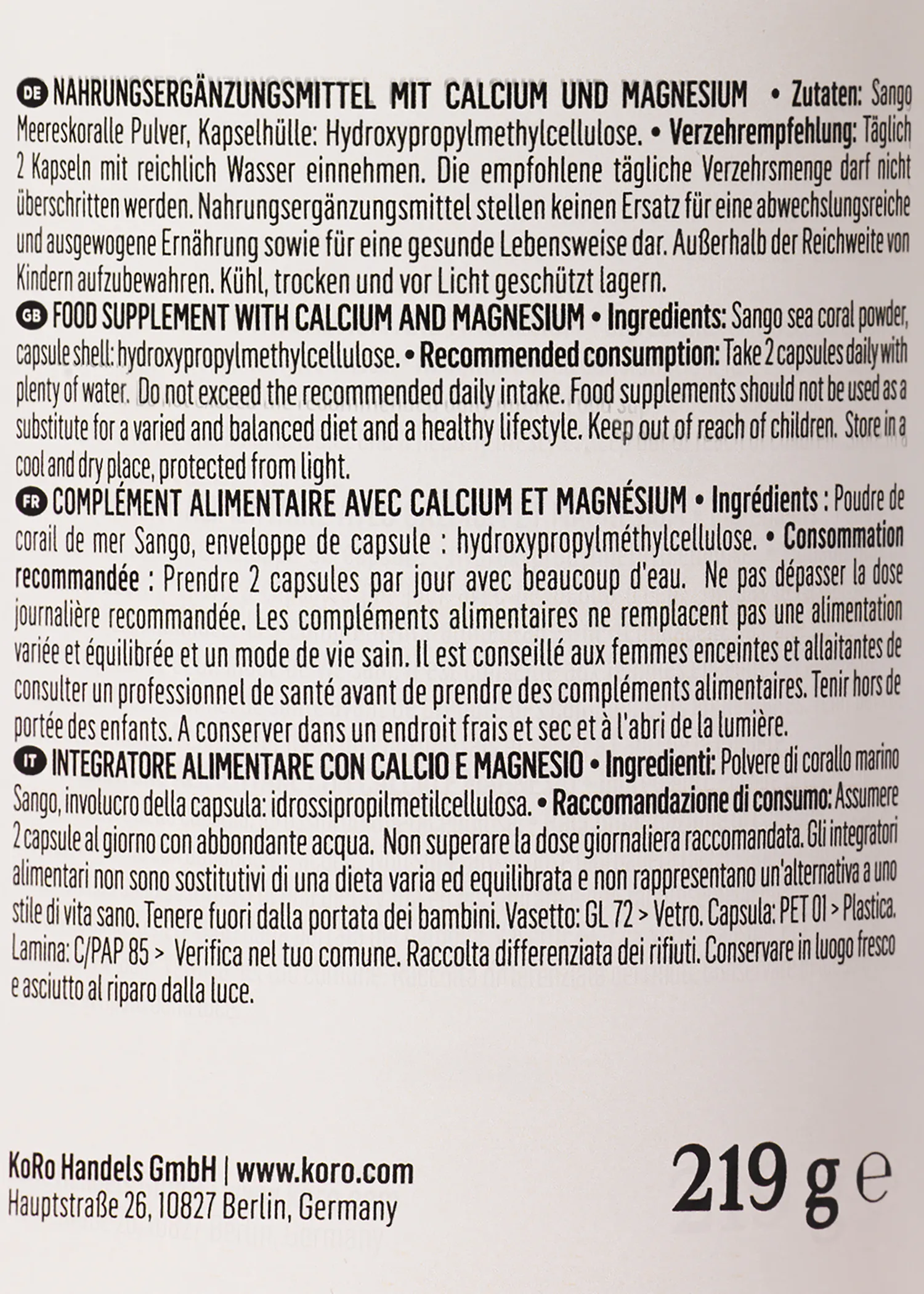 die Rückseite eines Nahrungsergänzungsmittels mit Calcium und magnesium