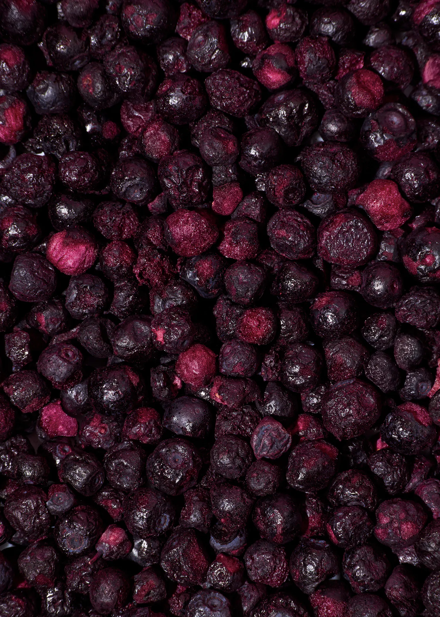 arándanos congelados o deshidratados de color morado oscuro y rojizo llenan el encuadre.