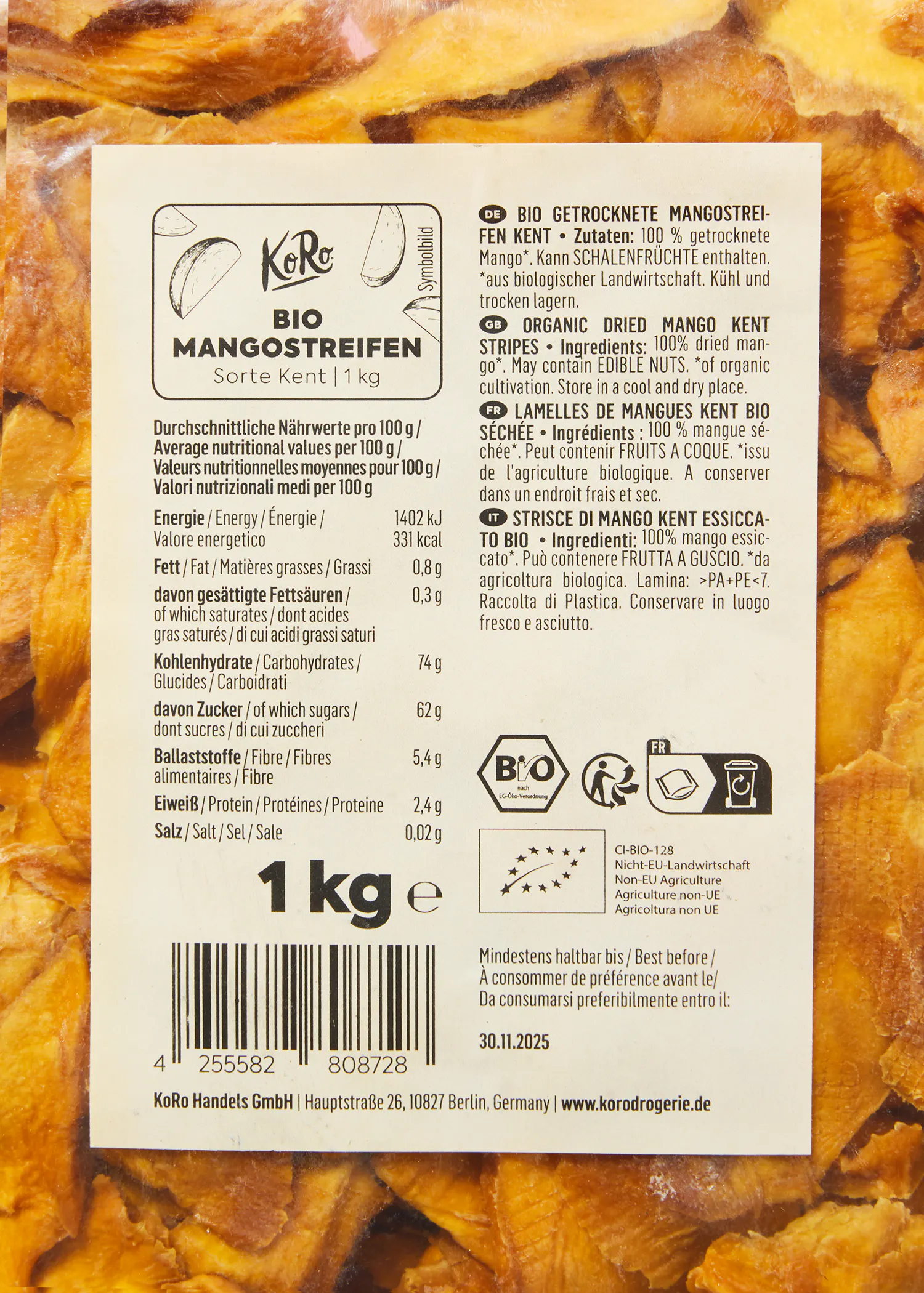 die Rückseite einer verpackten Bio-Mangosteife