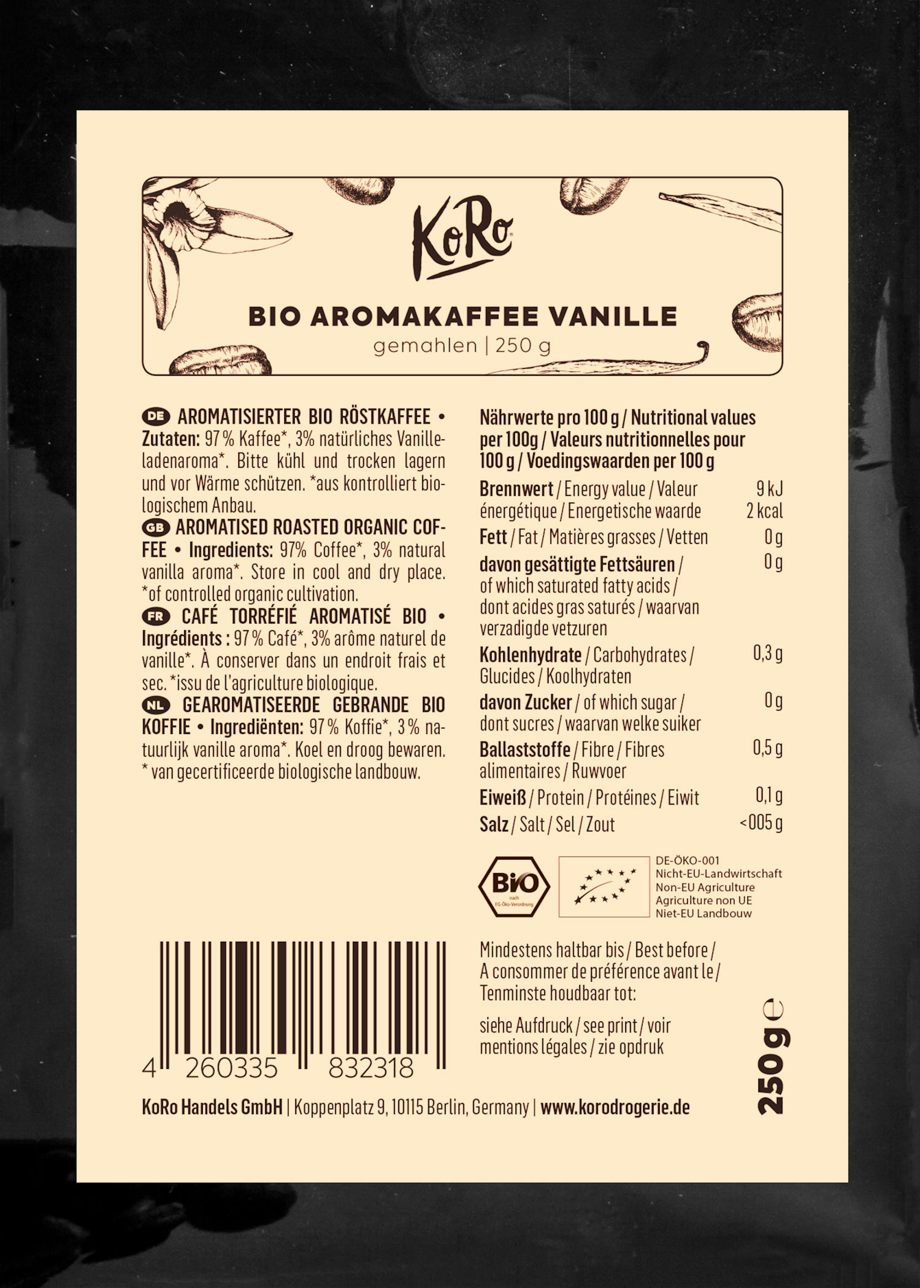 the back of a box of bio aromakaffee vanille
