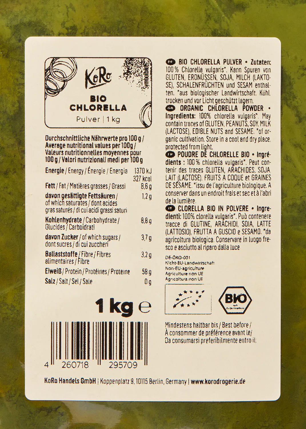 l' étiquette d' un kilogramme de chlorella bio est en langue allemande