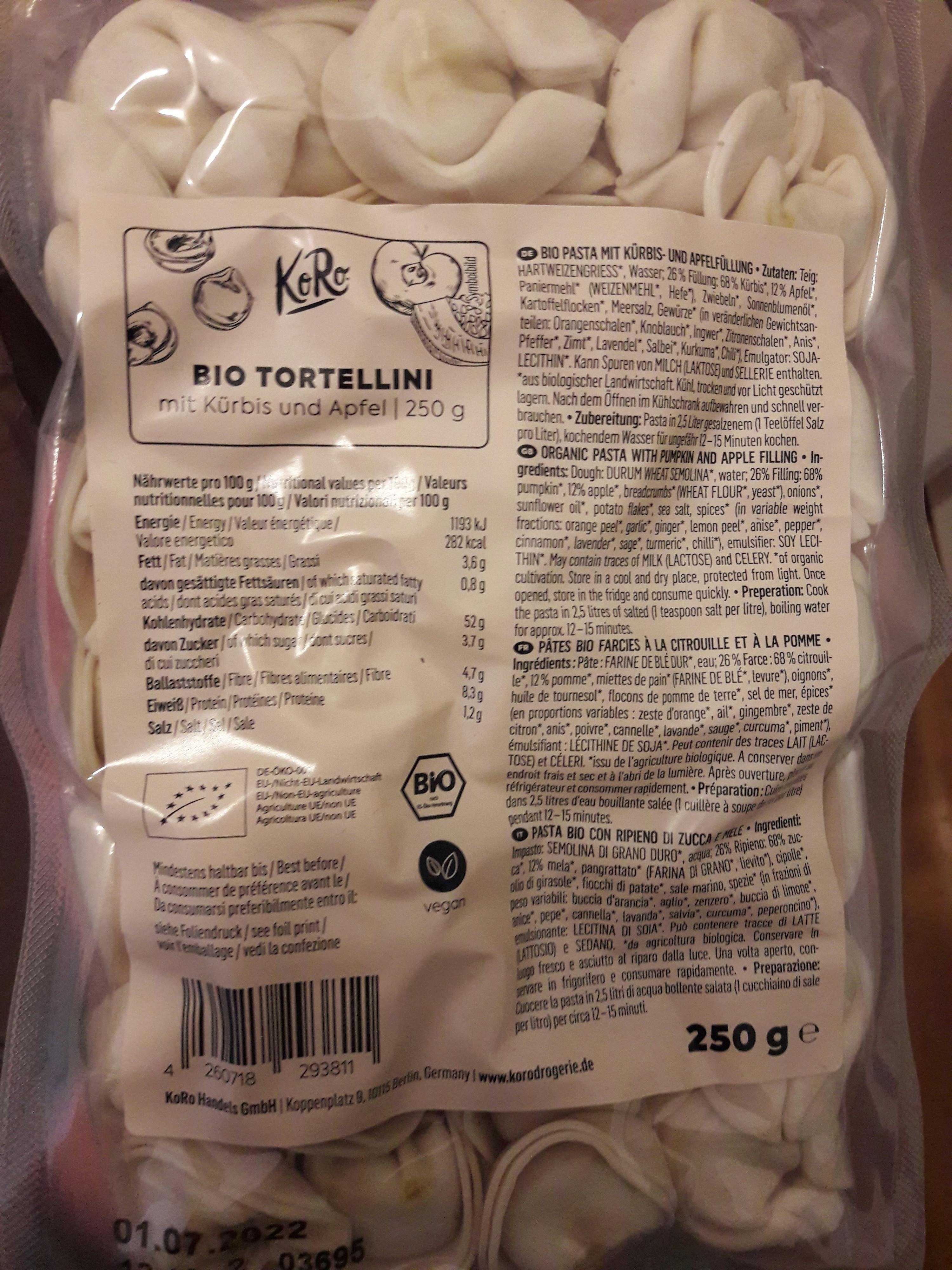 the back of a package of bio tortellini shows the ingredients