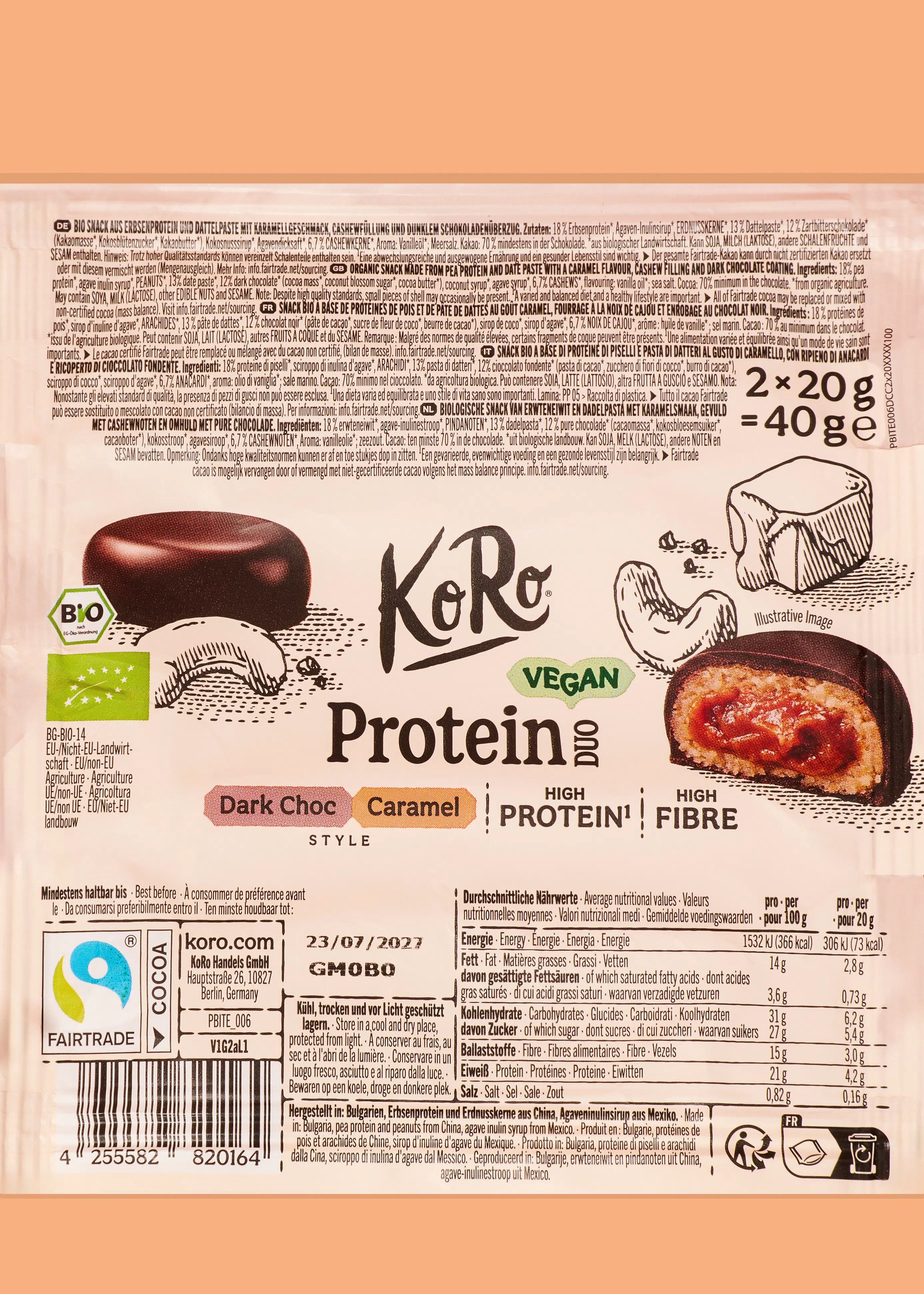 Duo protéiné choc noir et noix de cajou saveur caramel bio 2 x 20 g