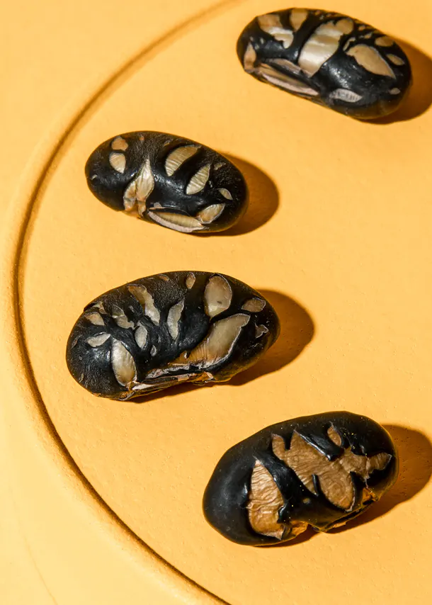 quatre haricots noirs sur une assiette jaune