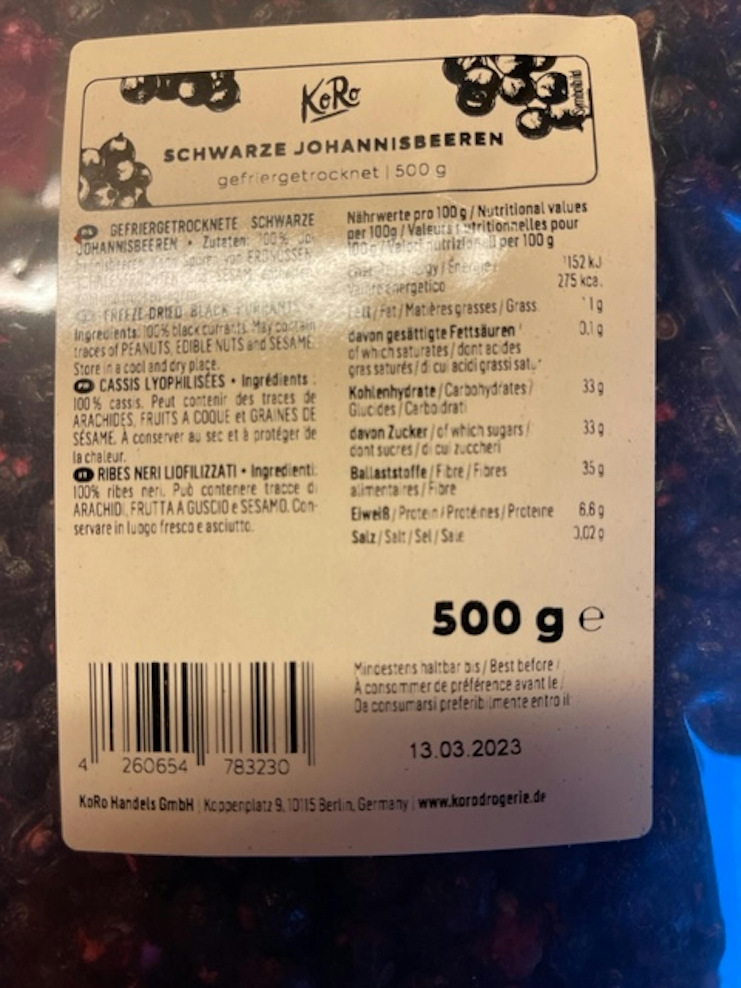 a label on a bag of schwarze johannisbeeren
