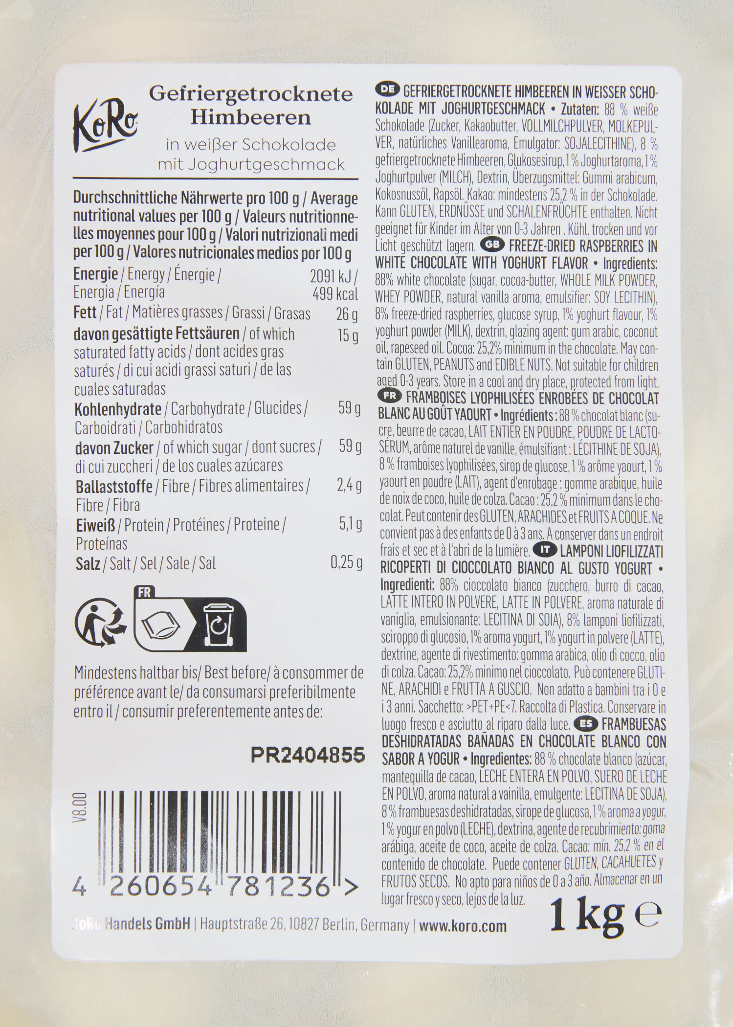 l' arrière de l' emballage d' un kilogramme de chocolat blanc