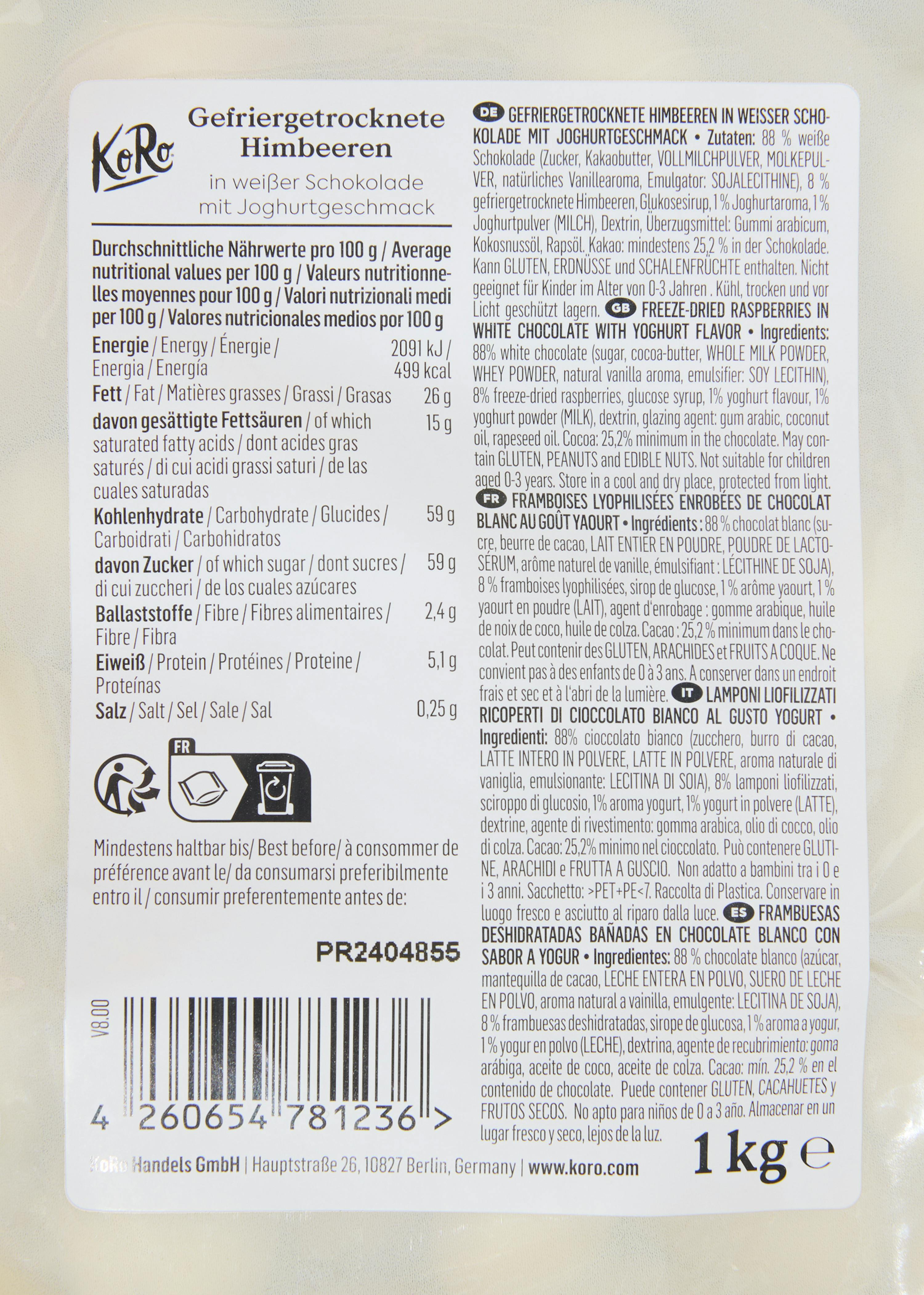 4260654781236 - Gefriergetrocknete Himbeeren in weißer Schokolade 1 kg