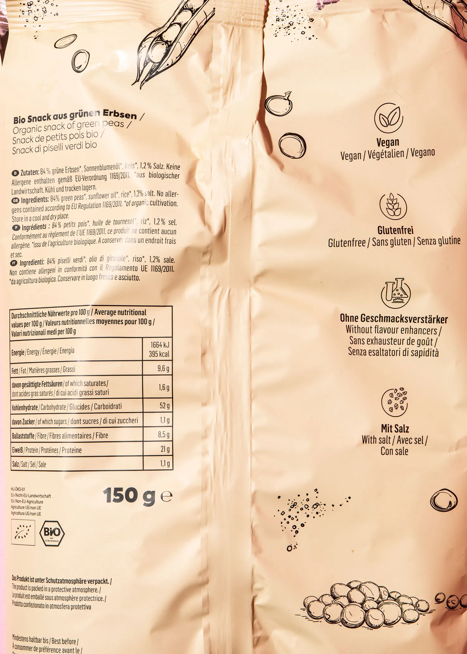 eine Packung Bio-Snack aus grünen Erbsen mit 150g
