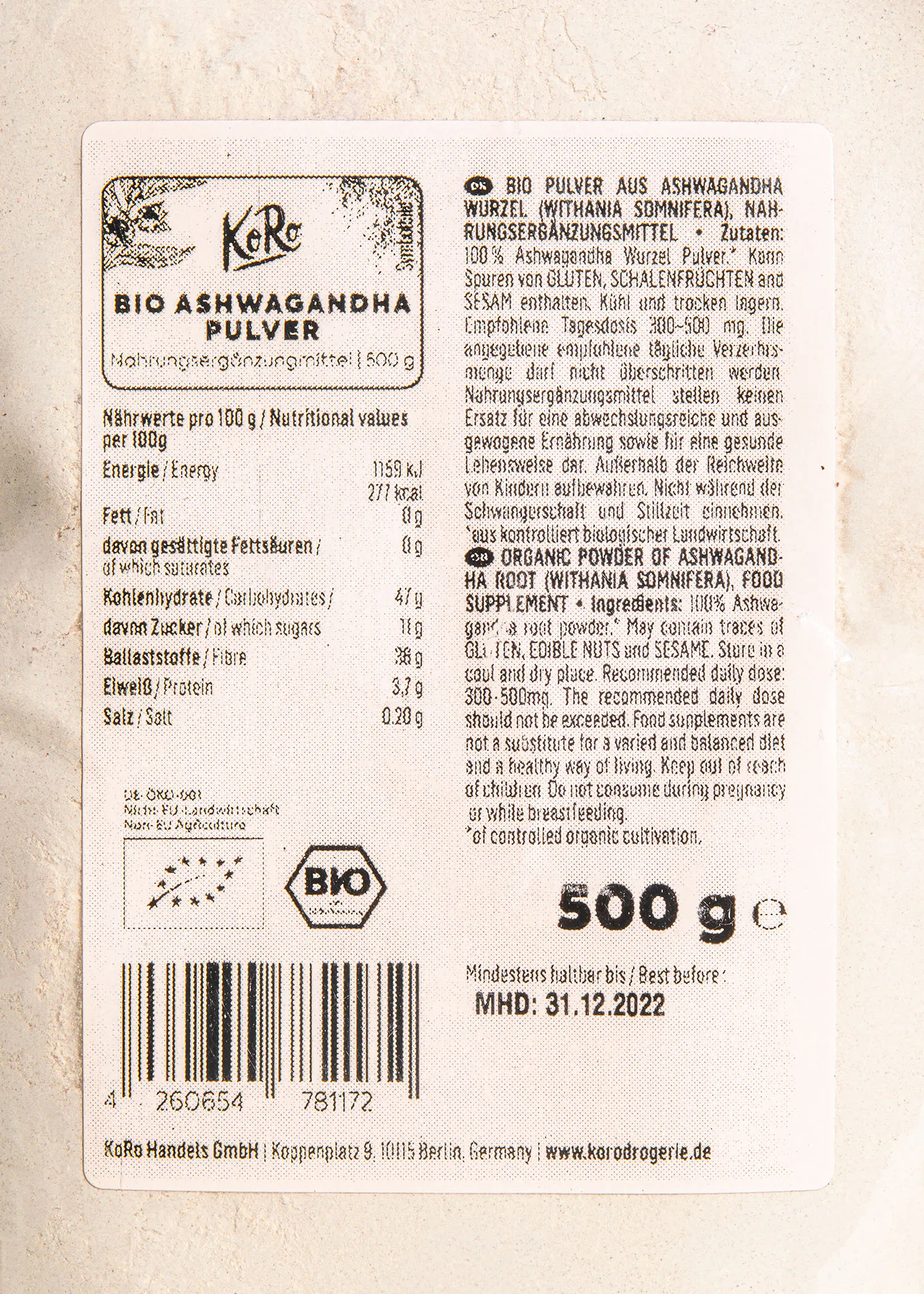 a label for a product called bio ashwagandha powder