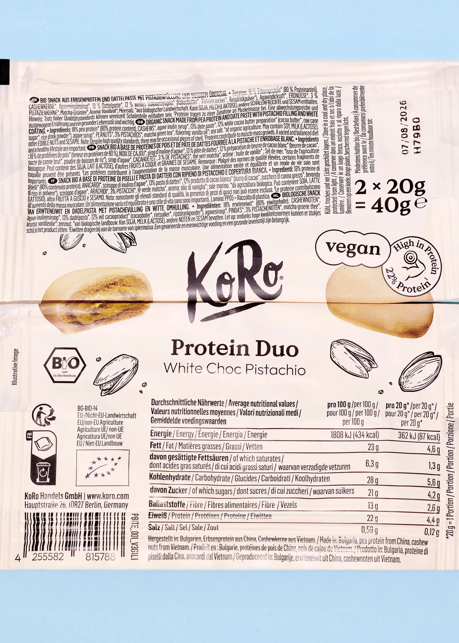 Bouchées protéinées bio pistaches et chocolat blanc 2 x 20 g