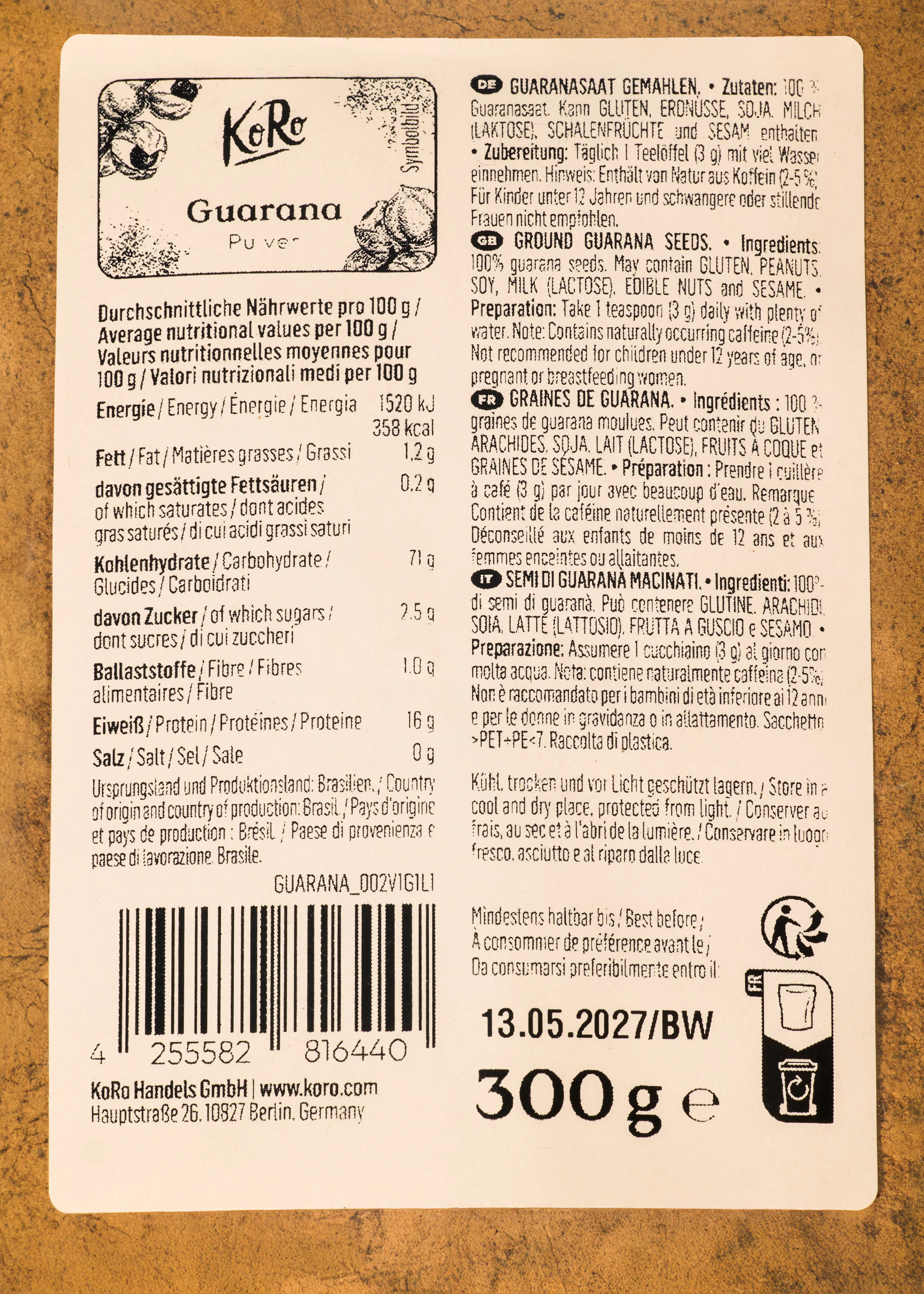 l' arrière d' une bouteille de guarana avec un numéro de série